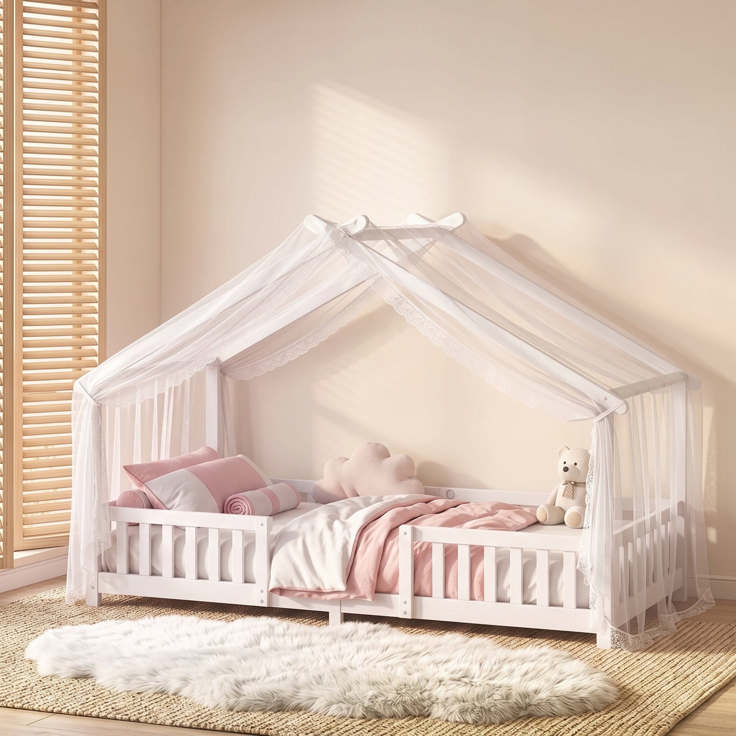 AIYAPLAY Wooden Kids House Single Bed Frame, Solid Pine Wood Toddler Bed with Dual Guardrails for Children, Boys, Girls, White