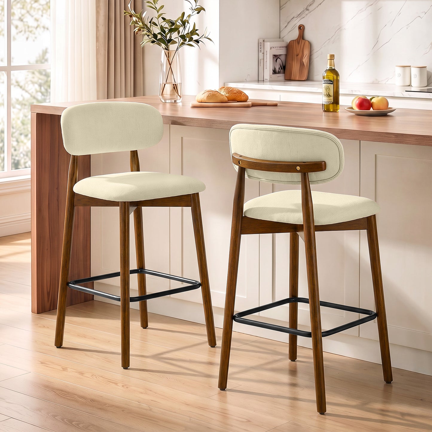 HOMCOM Bar Stools Curved Open Back Padded Seat Footrest Set of 2 for Kitchen Beige