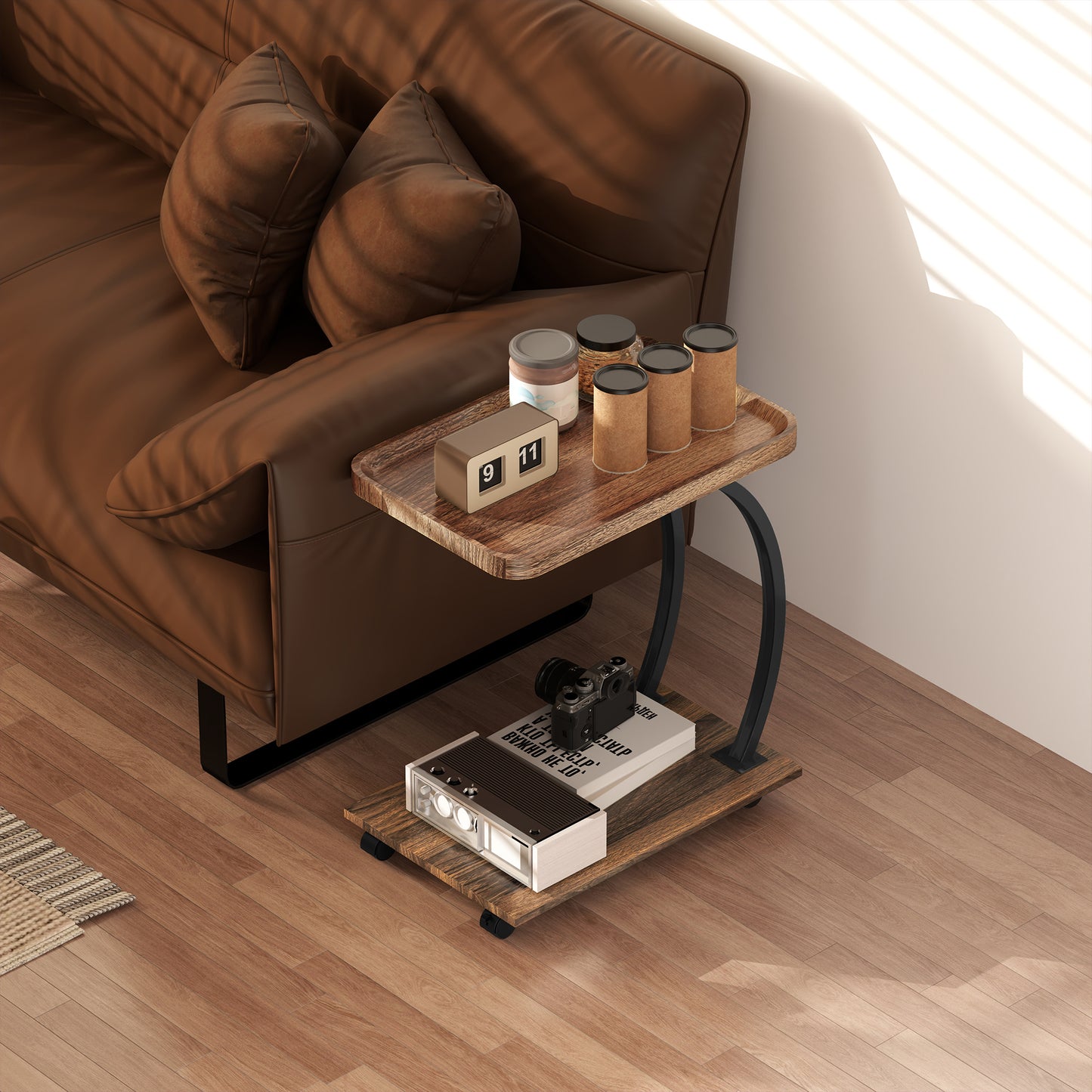 HOMCOM 2-Tier Mobile C-Shaped Side Table - Brown