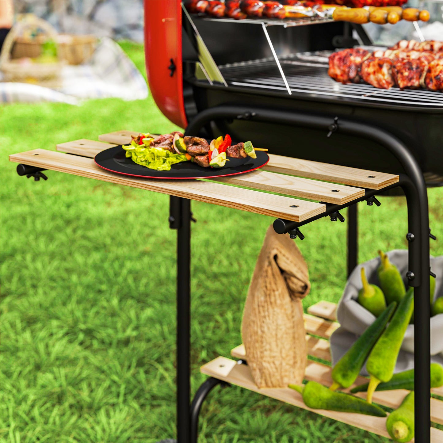 Outsunny Portable Charcoal BBQ Grill, 1840 cm² Cooking Area, 3 Shelves, Adjustable Vent, Lockable Lid, Wheels, Outdoor, Red