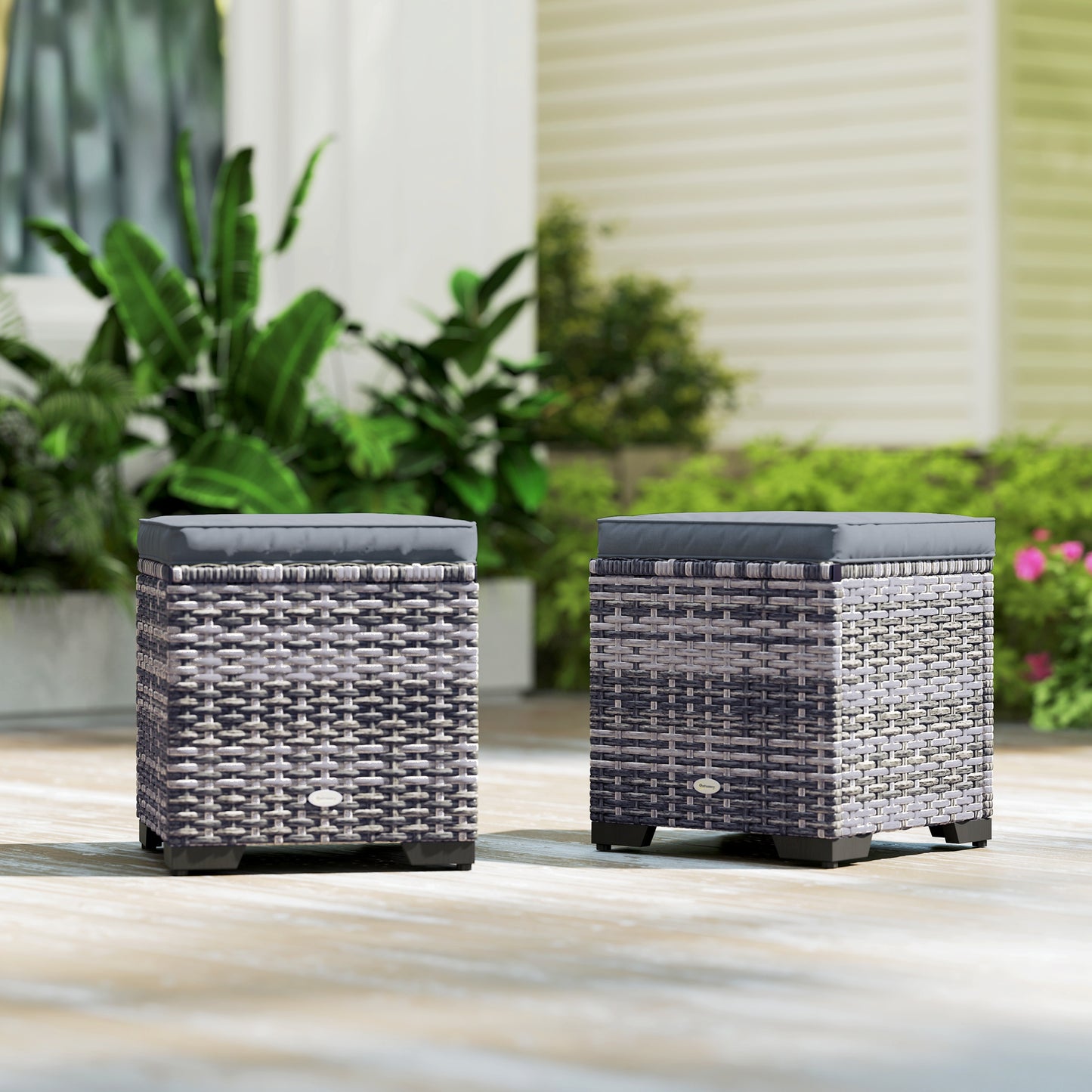Outsunny Set of 2 Rattan Storage Ottomans, Outdoor Footstools with Removable Cushions for Garden, Balcony, or Living Room, Dark Grey