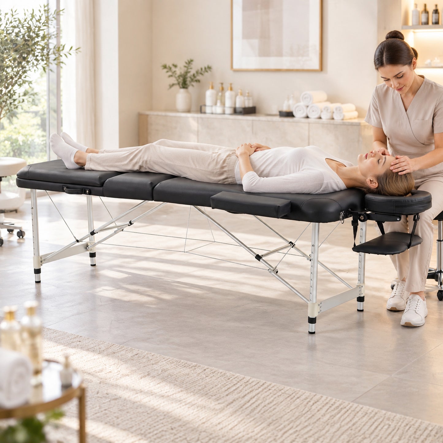 HOMCOM Foldable Massage Bed Portable Table, 3-Section Aluminium Foldable Beauty Couch with Headrest Support, 60 cm Width Black