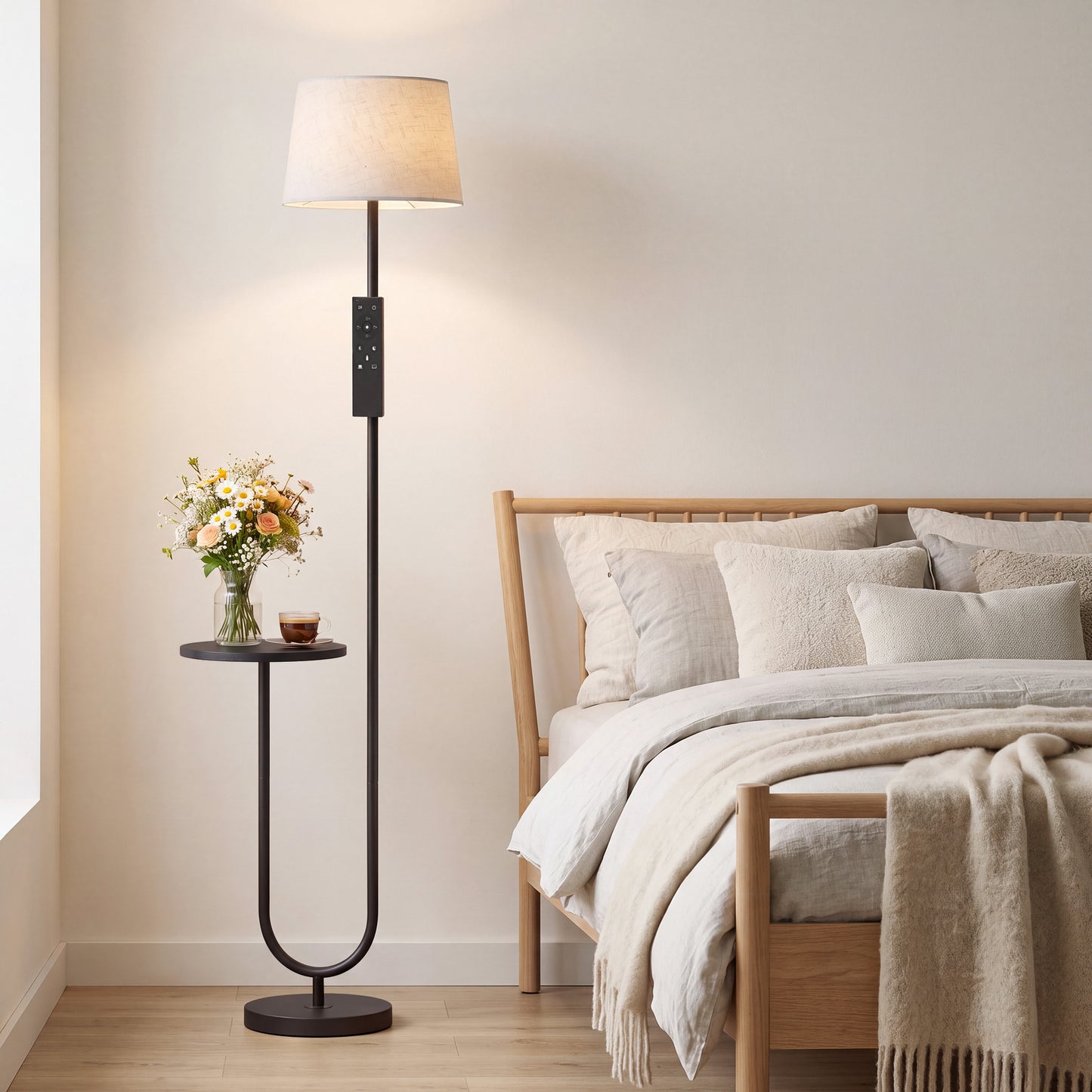 HOMCOM Modern Floor Lamp with Shelf, Dimmable Floor Lamp with Linen Shade, RF Remote and Foot Switch for Living Room, Black