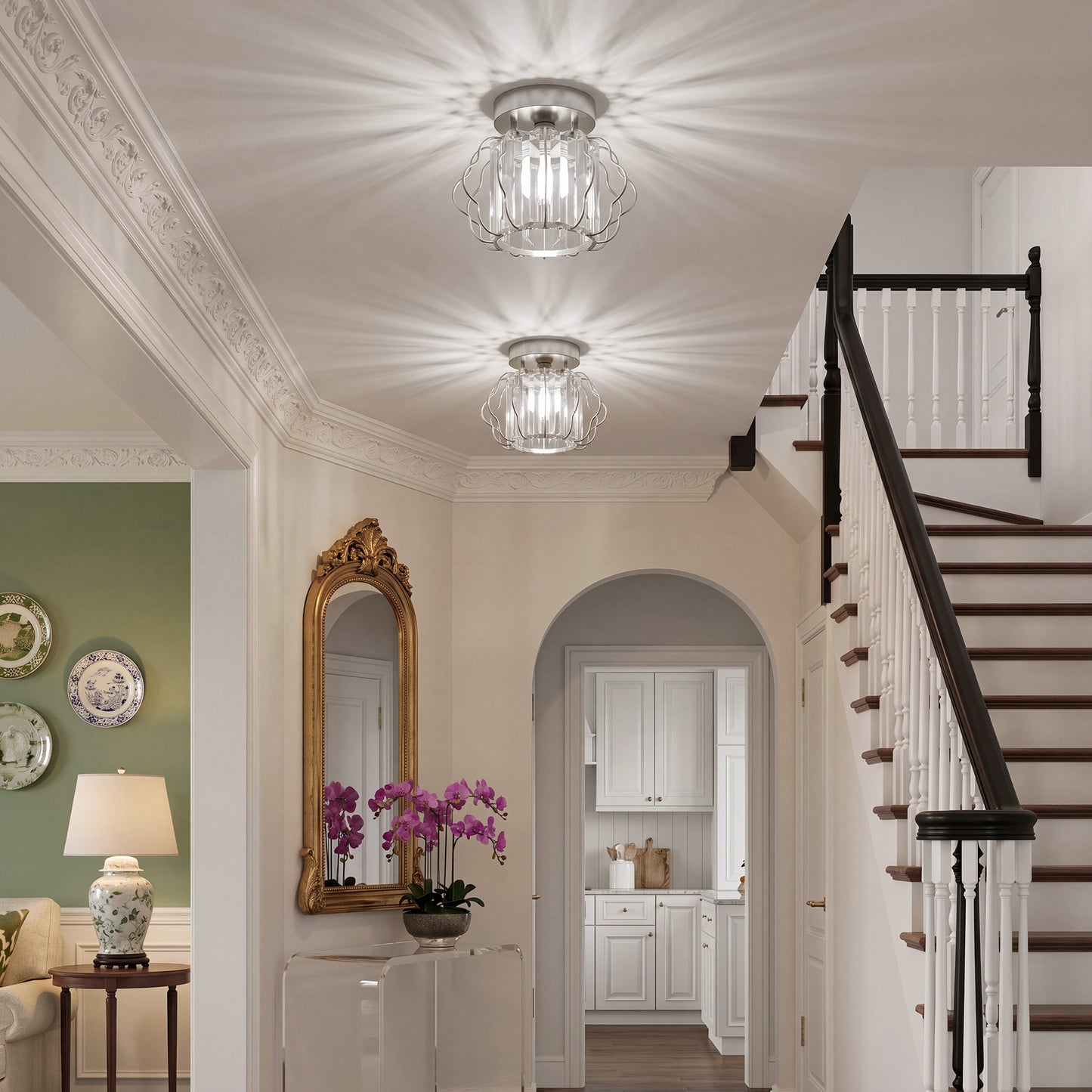 HOMCOM Crystal Ceiling Light Fixtures, Modern Semi-Flush Ceiling Lighting with Crystal Strips, 2 Pack, Silver Tone