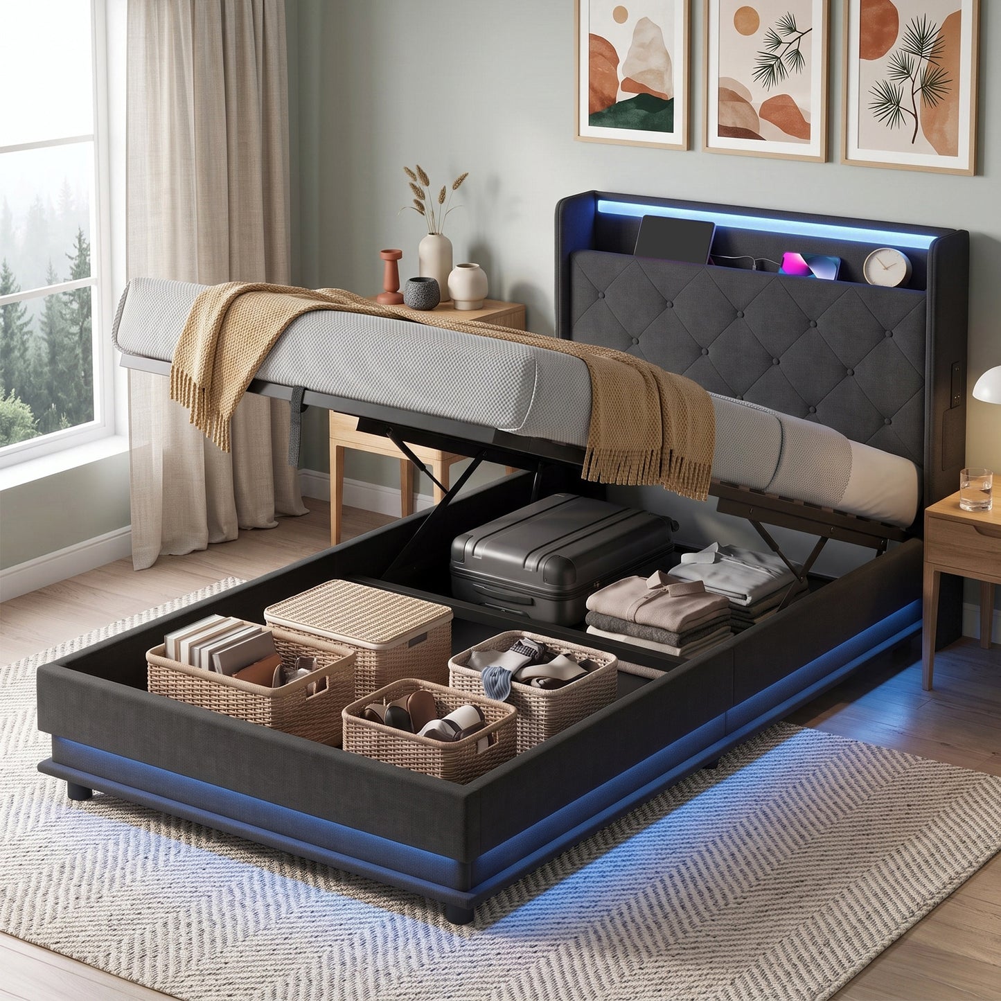 HOMCOM 3ft Single Bed Frame with Headboard, Platform Bed Frame with Hydraulic Storage, LED Lights and Charging Station, Black