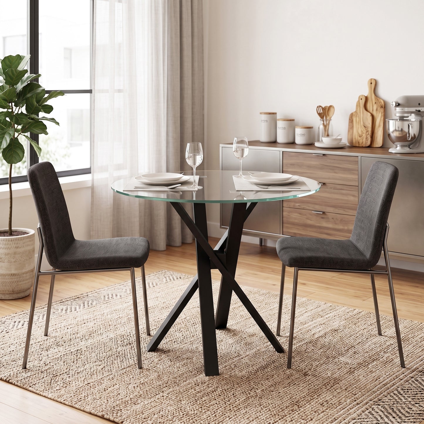 HOMCOM Round Dining Table for 4, 80cm Modern Kitchen Table with Tempered Glass Top and Cross Steel Legs, Clear