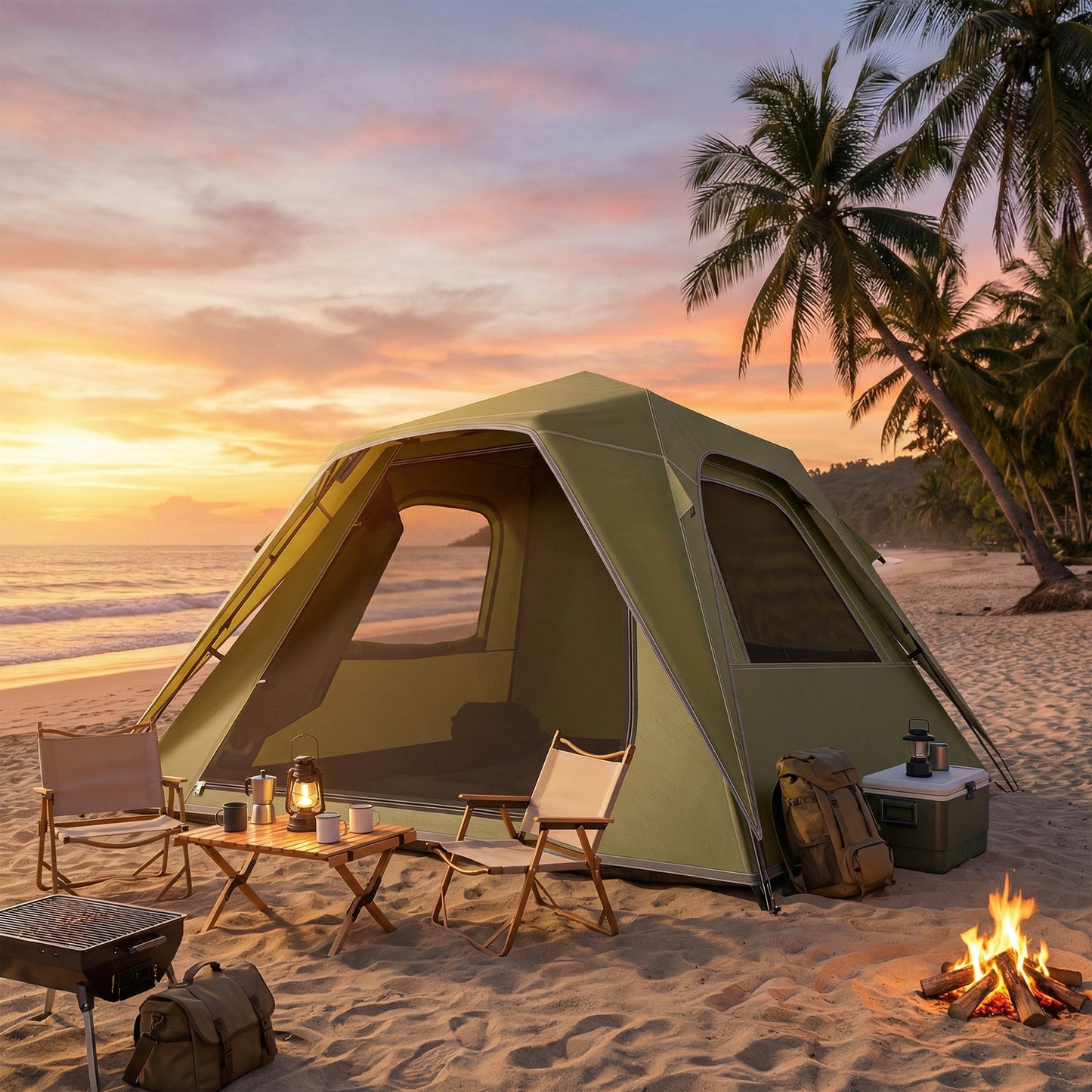 Outsunny Pop Up Tent 3000mm Waterproof Camping Tents with Mesh Windows 3-4 People Green