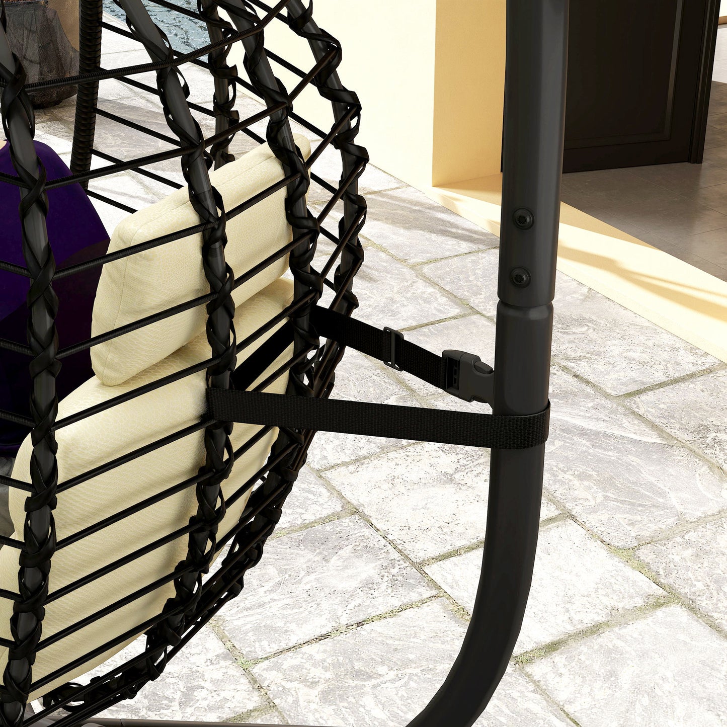 Outsunny Rattan Hanging Egg Chair, Foldable Wicker Swing with Cushion, Stand, Adjustable Height, Pillow, Steel Frame for Garden, Cream White