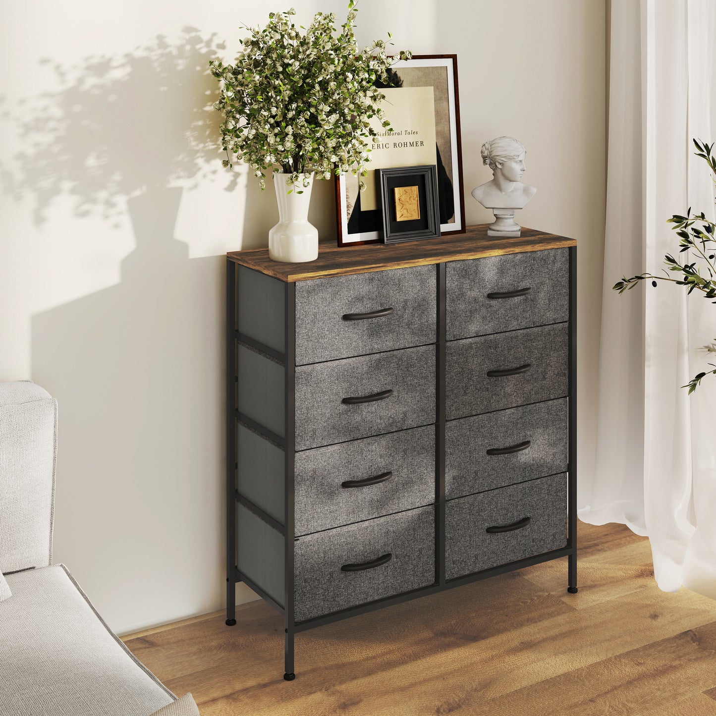 HOMCOM Chest of Drawers, Industrial Dresser with 8 Fabric Drawers, Steel Frame, Wooden Top for Bedroom, Nursery, Hallway, Rustic Brown and Grey