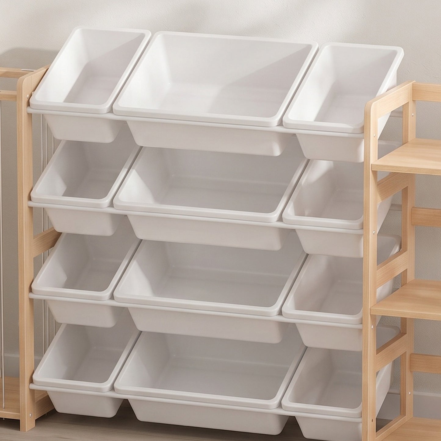 AIYAPLAY Wooden Toy Storage Unit with Stuffed Animal Storage, Bookshelf and 12 Bins for Kids Rooms, Bedroom, Playroom, Nursery