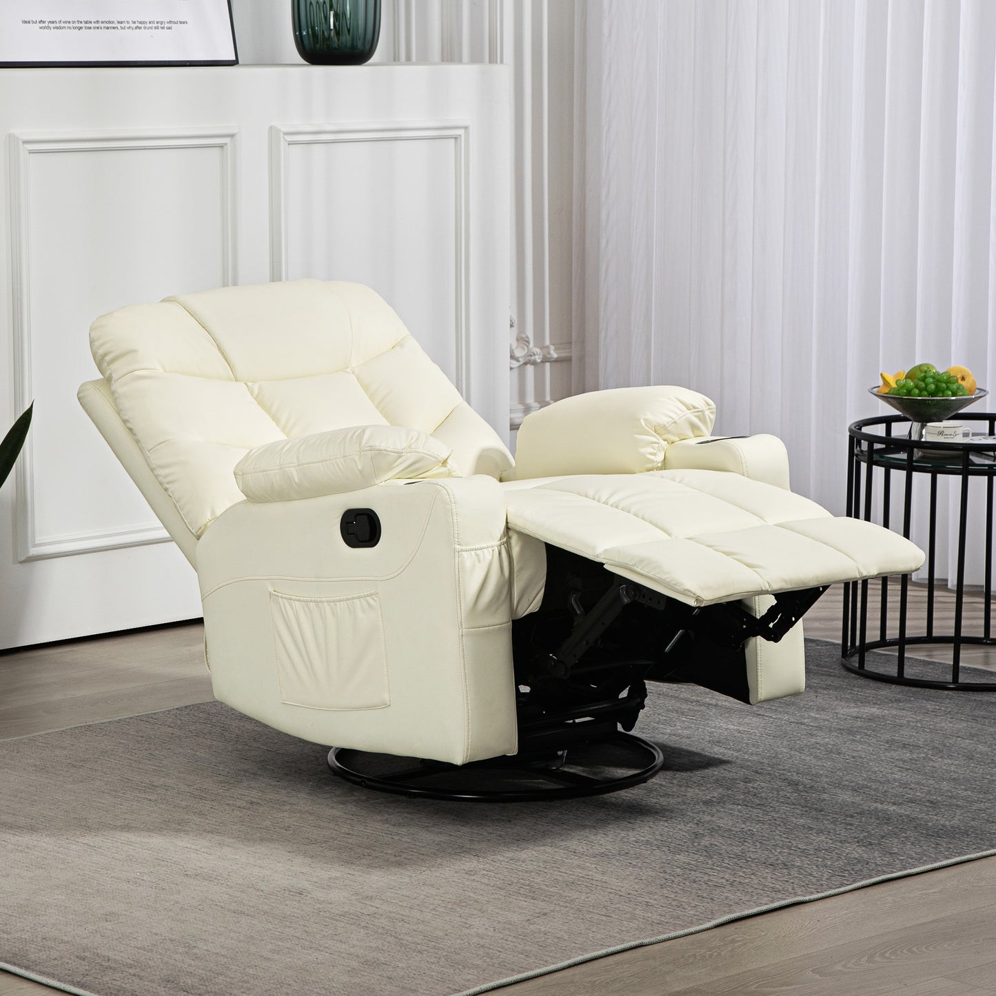 HOMCOM Manual Reclining Chair, Recliner Armchair with Swivel, Faux Leather, Footrest, Cup Holders, 86x93x102cm, Cream