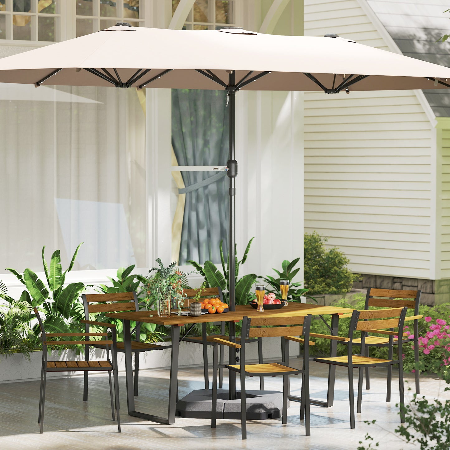 Outsunny 7 Piece Garden Dining Set, Fir Wood Table & 6 Stackable Chairs, Umbrella Hole, Steel Frame, Slatted Top, for Patio/Balcony/Porch, Brown