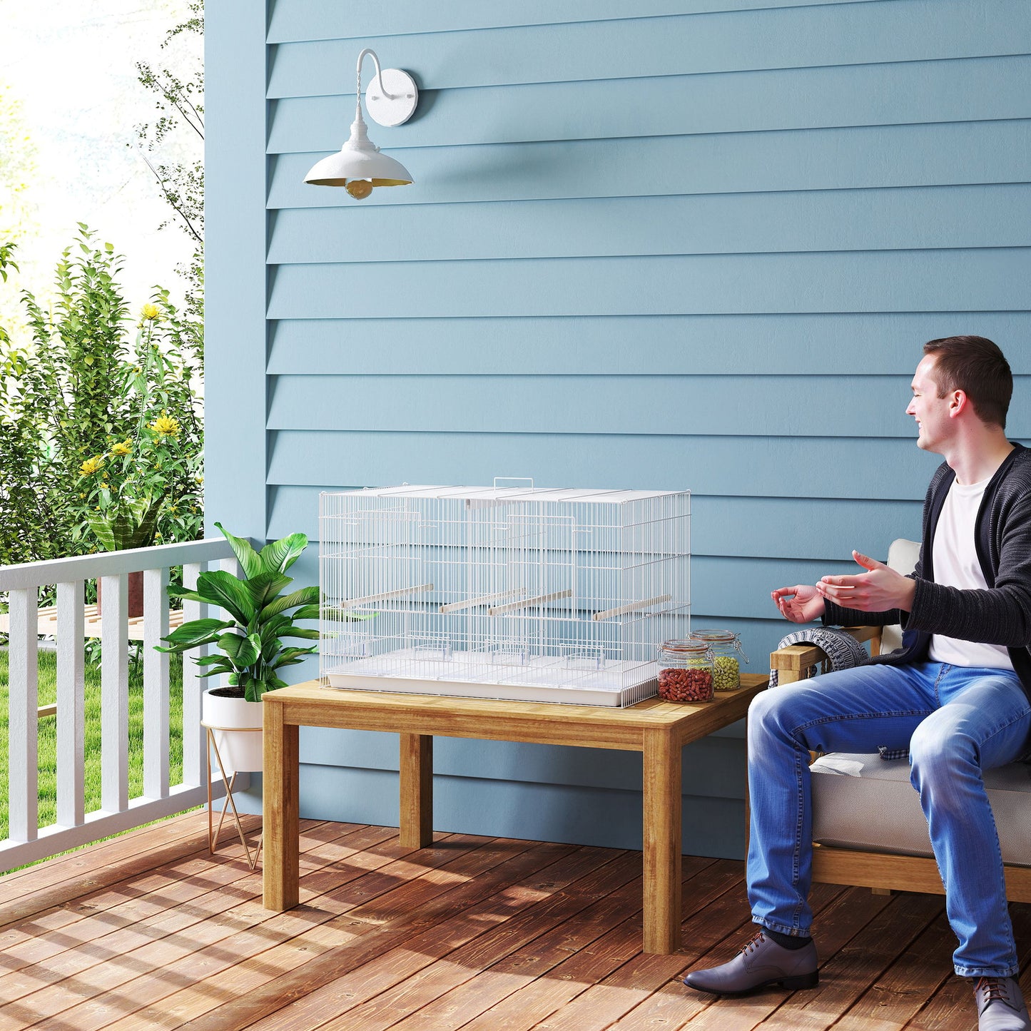 PawHut Bird Cage with Divider, 4 Wooden Perches, Slide Out Tray, 4 Feeders, for Budgie, Lovebird, Canary, 76 x 46 x 46cm, White