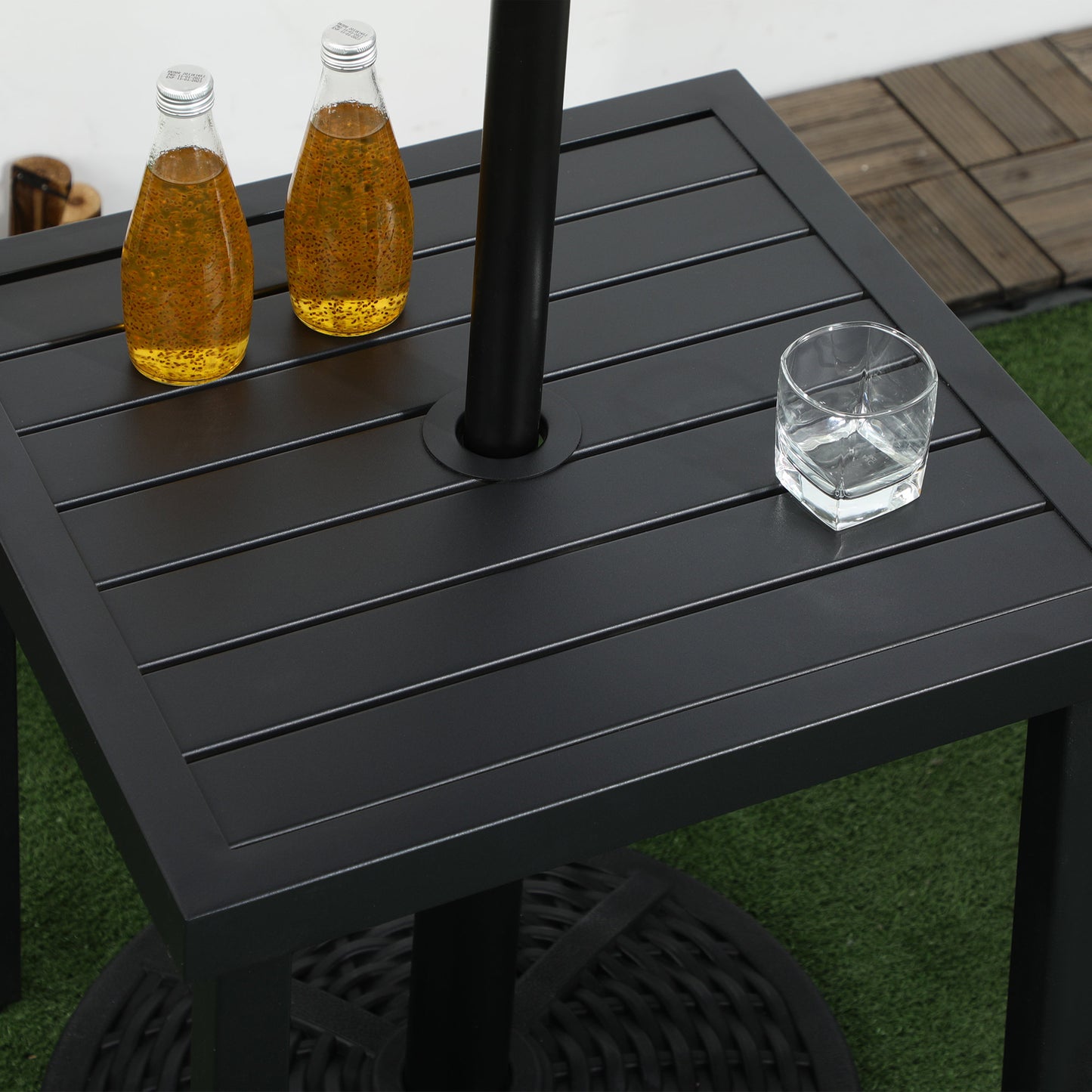 Outsunny Garden Side Table End Table Patio Coffee Table with Umbrella Hole Steel Frame for Balcony Black