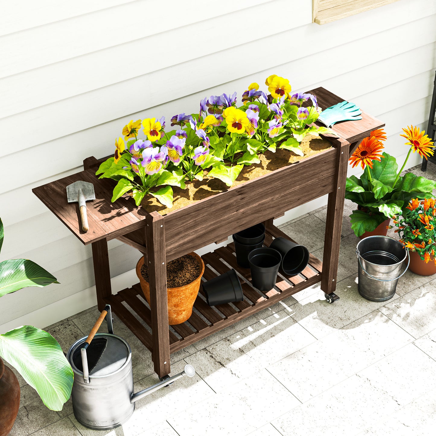 Outsunny Raised Garden Bed, Wooden Planter Box with Wheels, Side Tables & Bottom Shelf, Carbonised