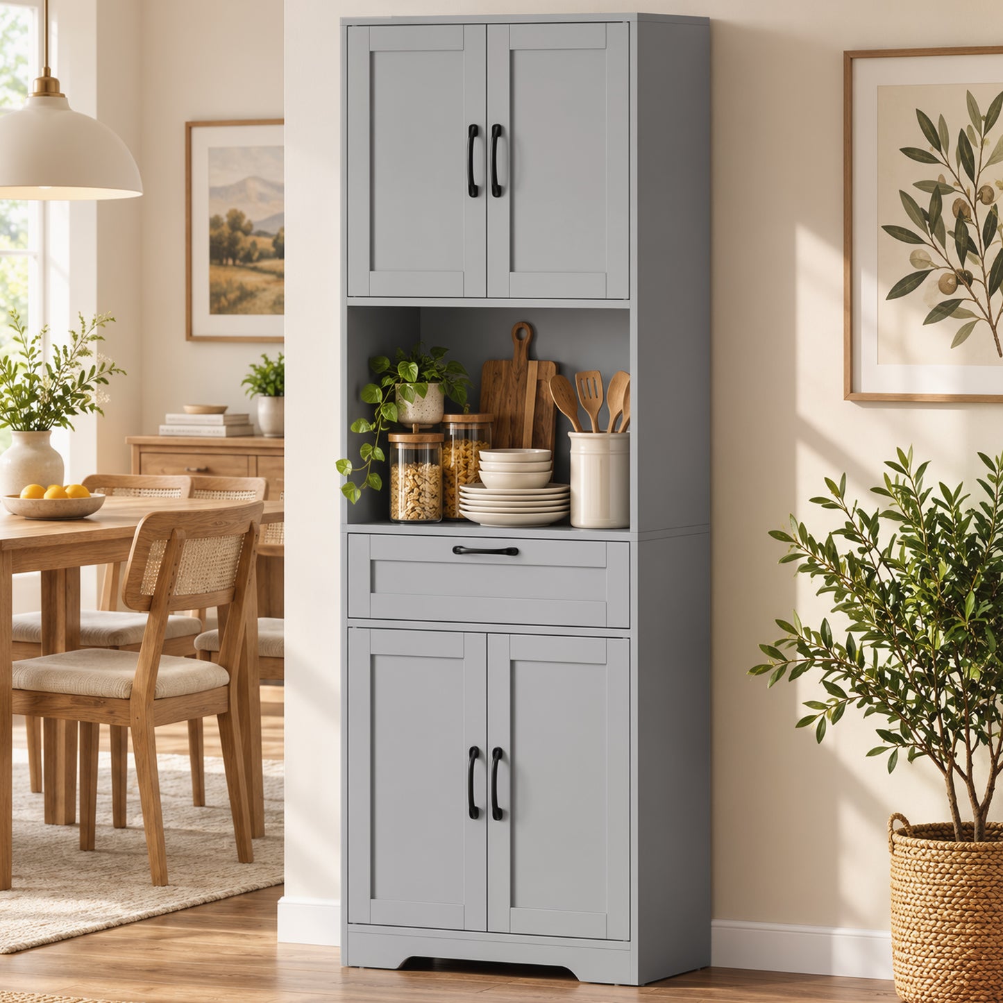 HOMCOM 170 cm Tall Kitchen Pantry with Adjustable Shelves, Freestanding Storage Cabinet with Open Shelf, Grey