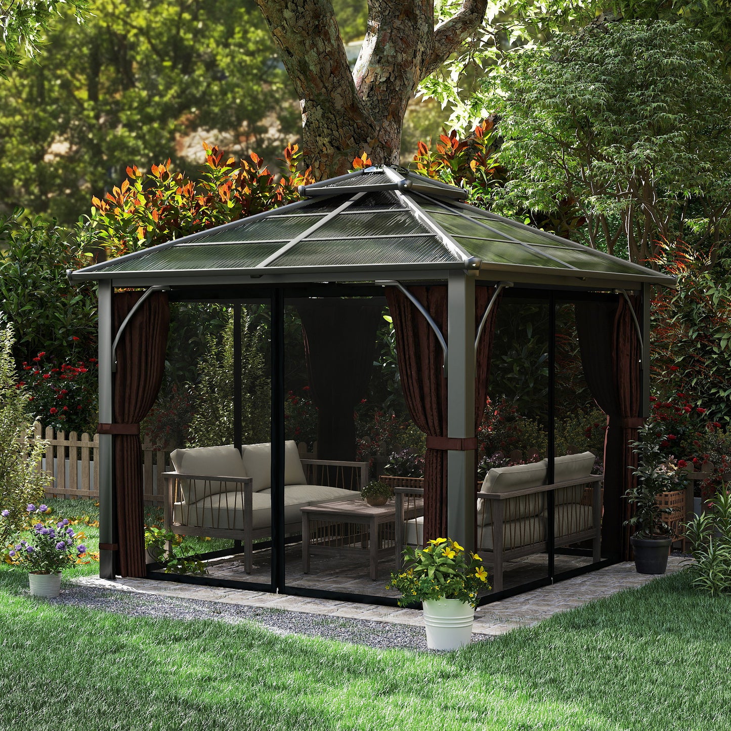 Outsunny 3x3m Hardtop Gazebo with 7mm Double Polycarbonate Roof, Mosquito Netting & Curtains, Brown