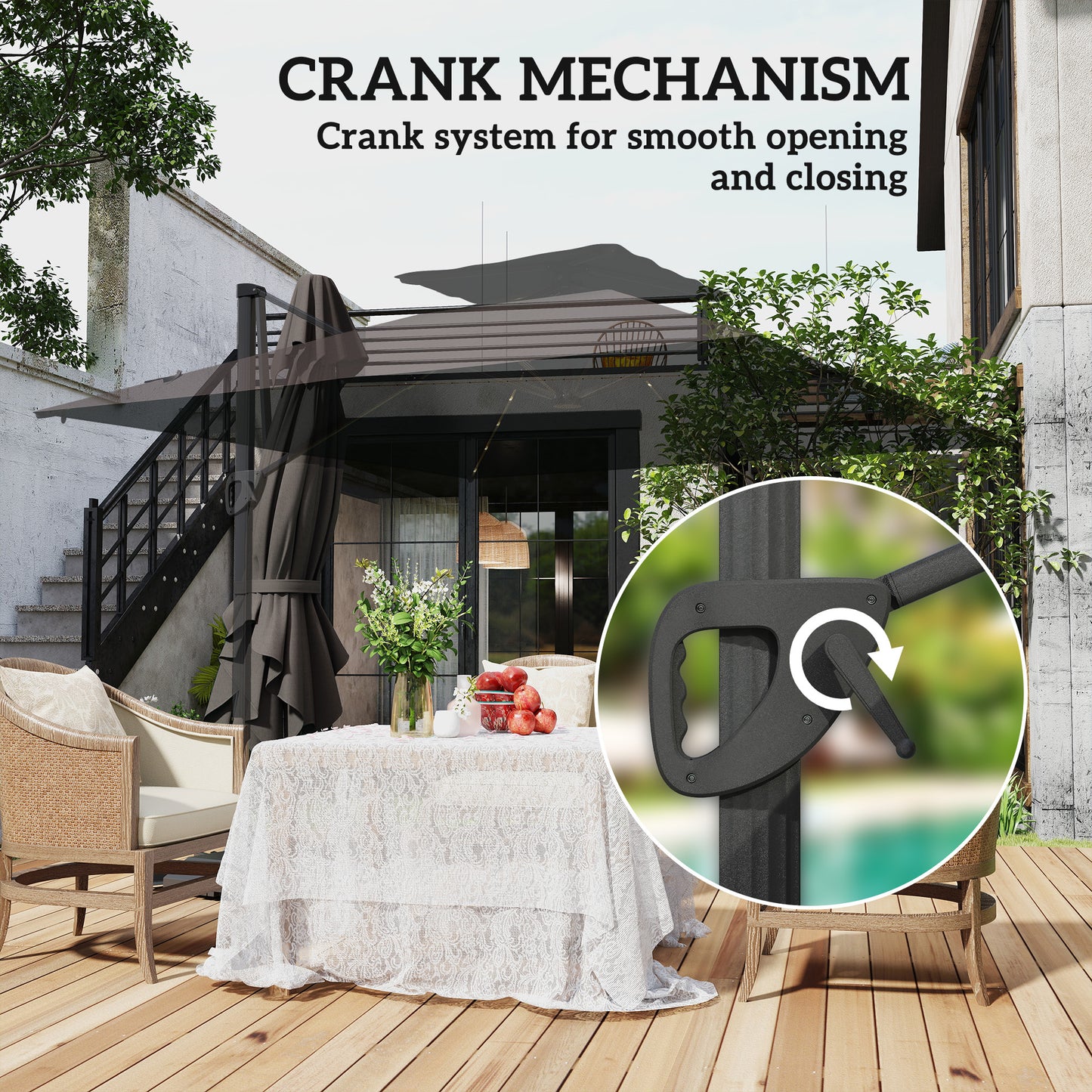 Outsunny Garden Cantilever Parasol w/ Solar LED Lights, Aluminium Patio Umbrella, UPF50+ Shade, Cross Base, Crank & Tilt, 3.5x3 m, Grey