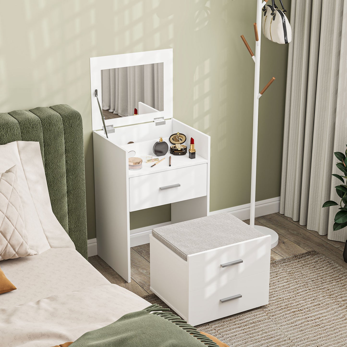 HOMCOM Vanity Desk with Mirror, Modern Dressing Table and Stool w/2 Drawers, Wheels, Flip-Up Mirror, Shelf, White