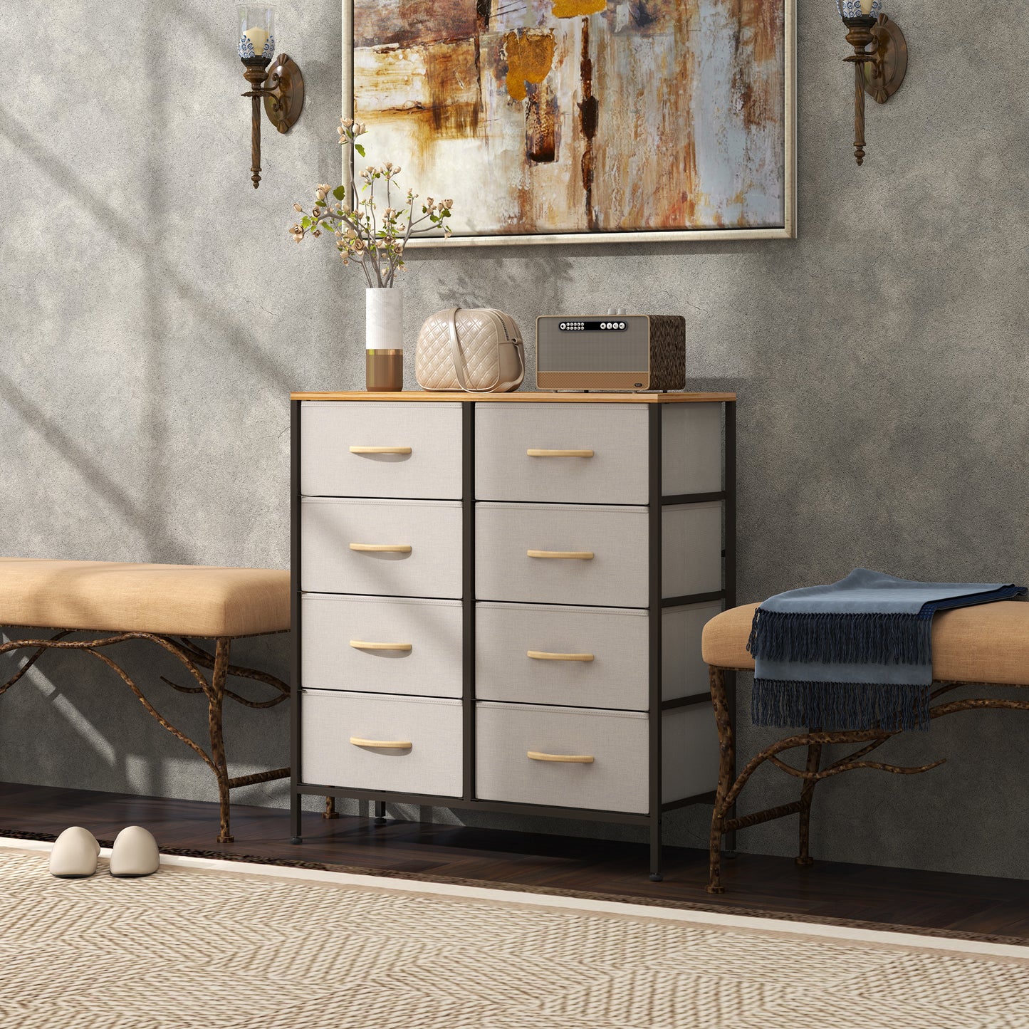 HOMCOM Fabric Chest of Drawers, Industrial Dresser with 8 Fabric Drawers, Steel Frame & Wooden Top for Nursery, Living Room, Hallway, Cream White.