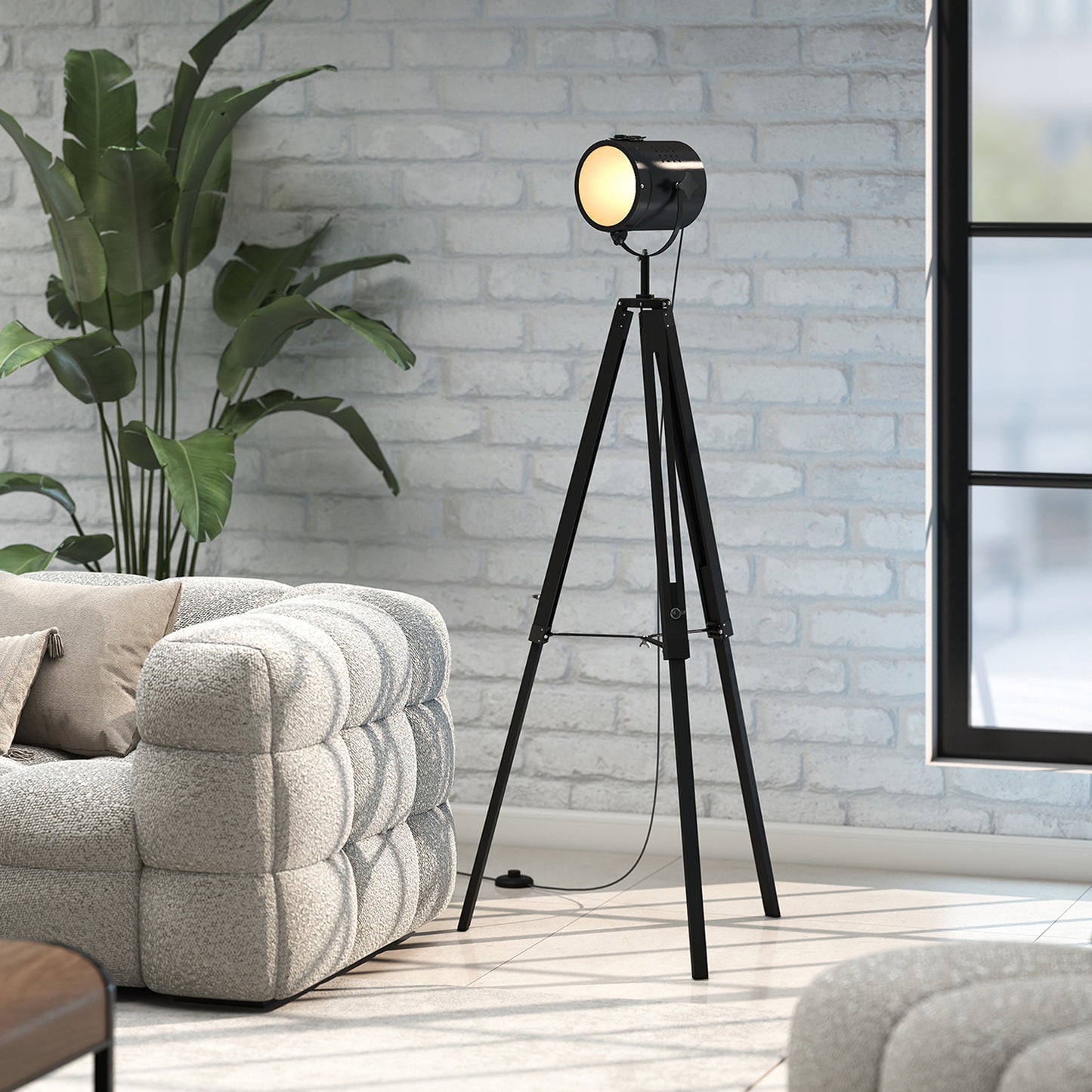 HOMCOM Industrial Tripod Floor Lamp, Nautical Searchlight with Adjustable Height, Wood Legs, E14 Lamp Base for Living Room, Bedroom, Black