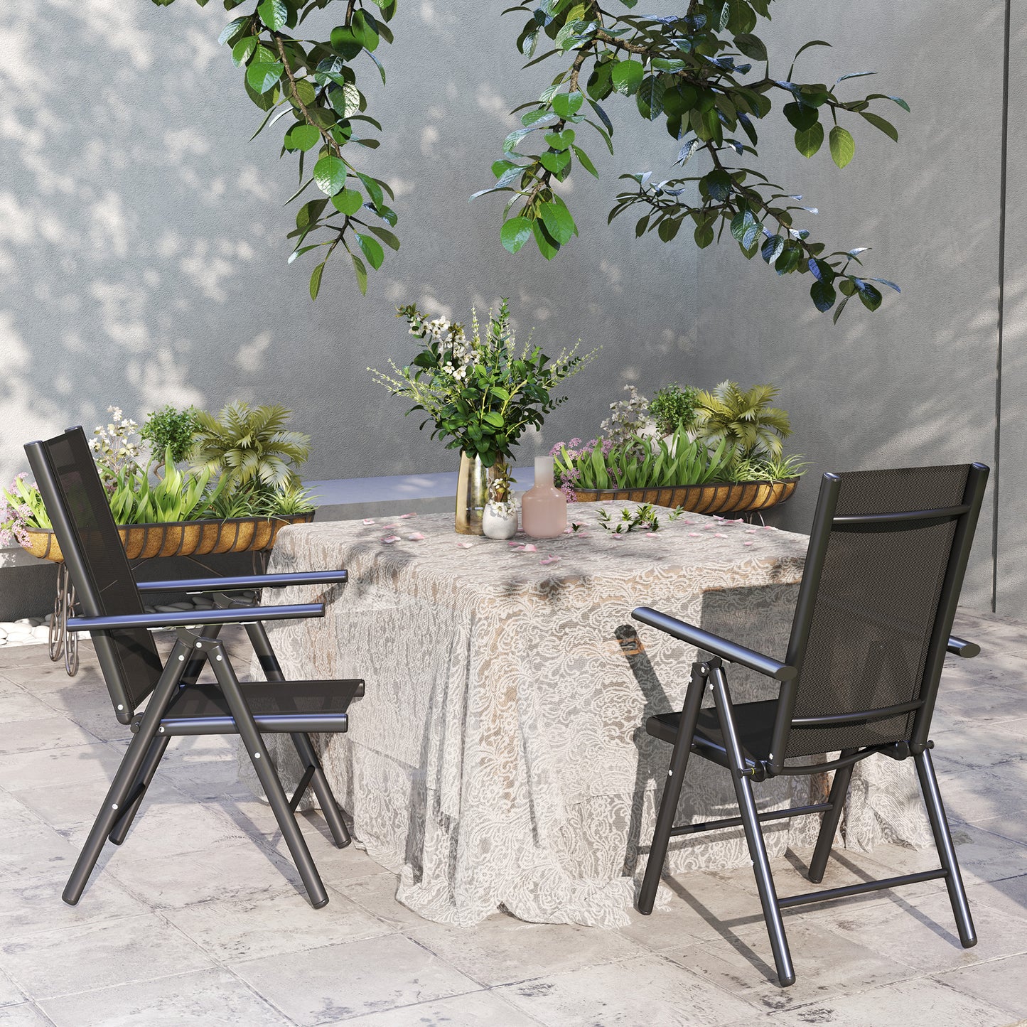 Outsunny Set of 2 Folding Aluminium Camping Chairs, Mesh Back & Seat, with Armrests for Patio, Black