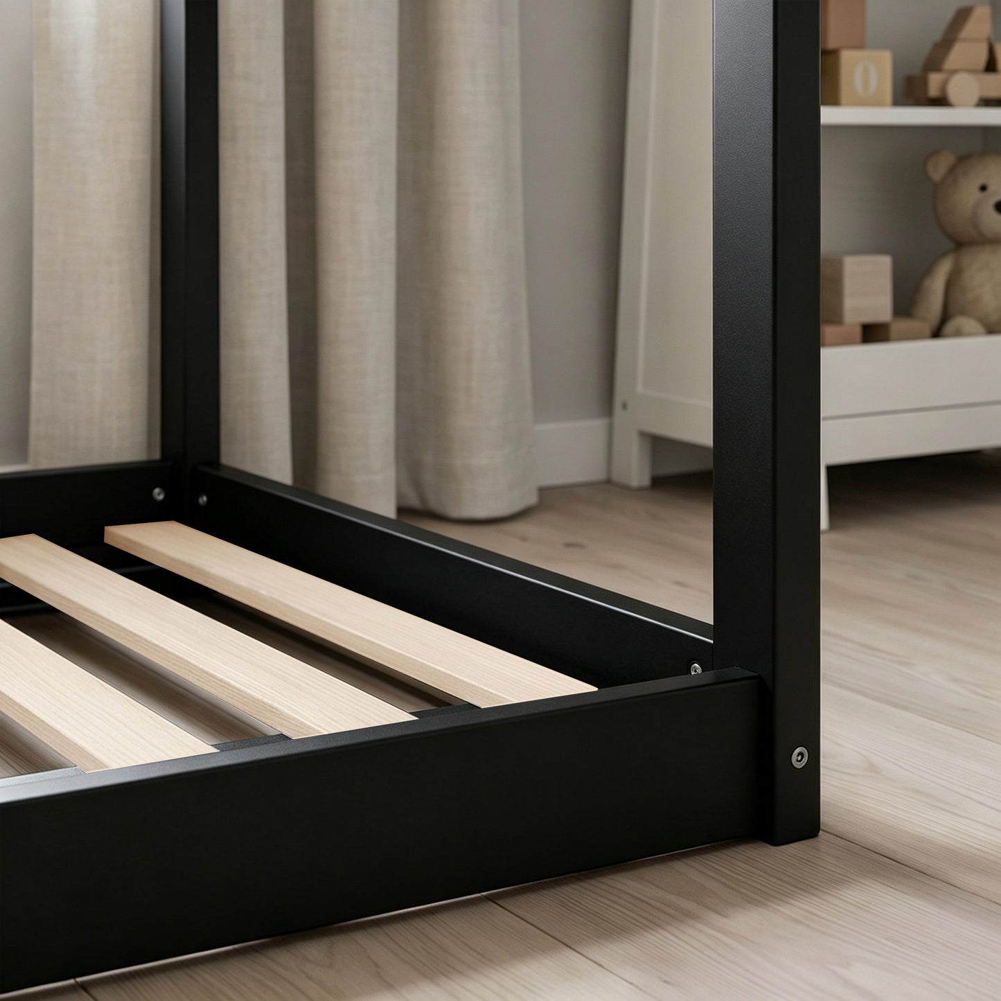 HOMCOM Single Bed Frame, House-Scandinavian-Style Wooden Bed Frame for 90W x 190D cm Mattress, Black