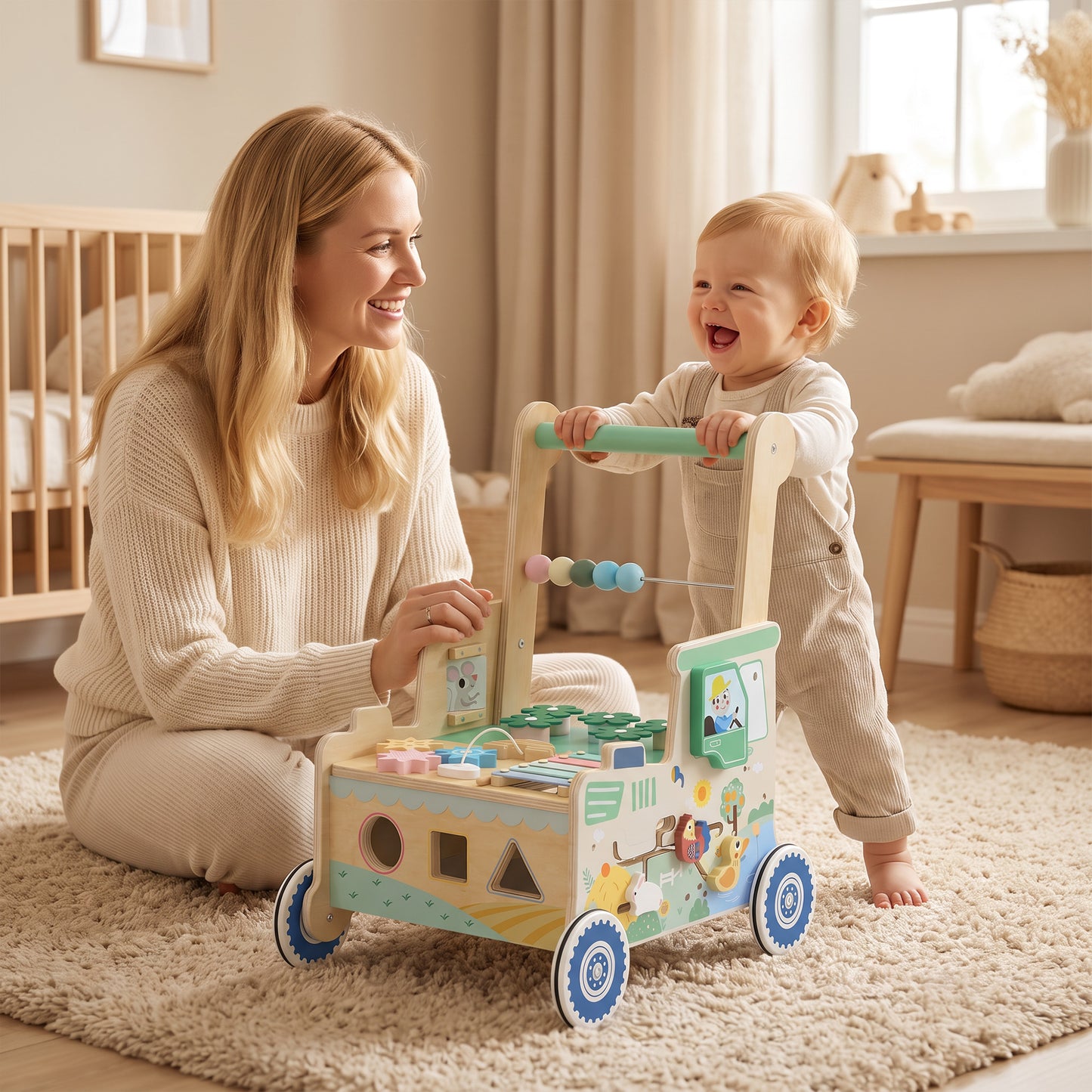 AIYAPLAY Wooden Baby Walker for 1-3 Year, Montessori Inspired Push Along Walker Toys, Multifunctional Activity Centre