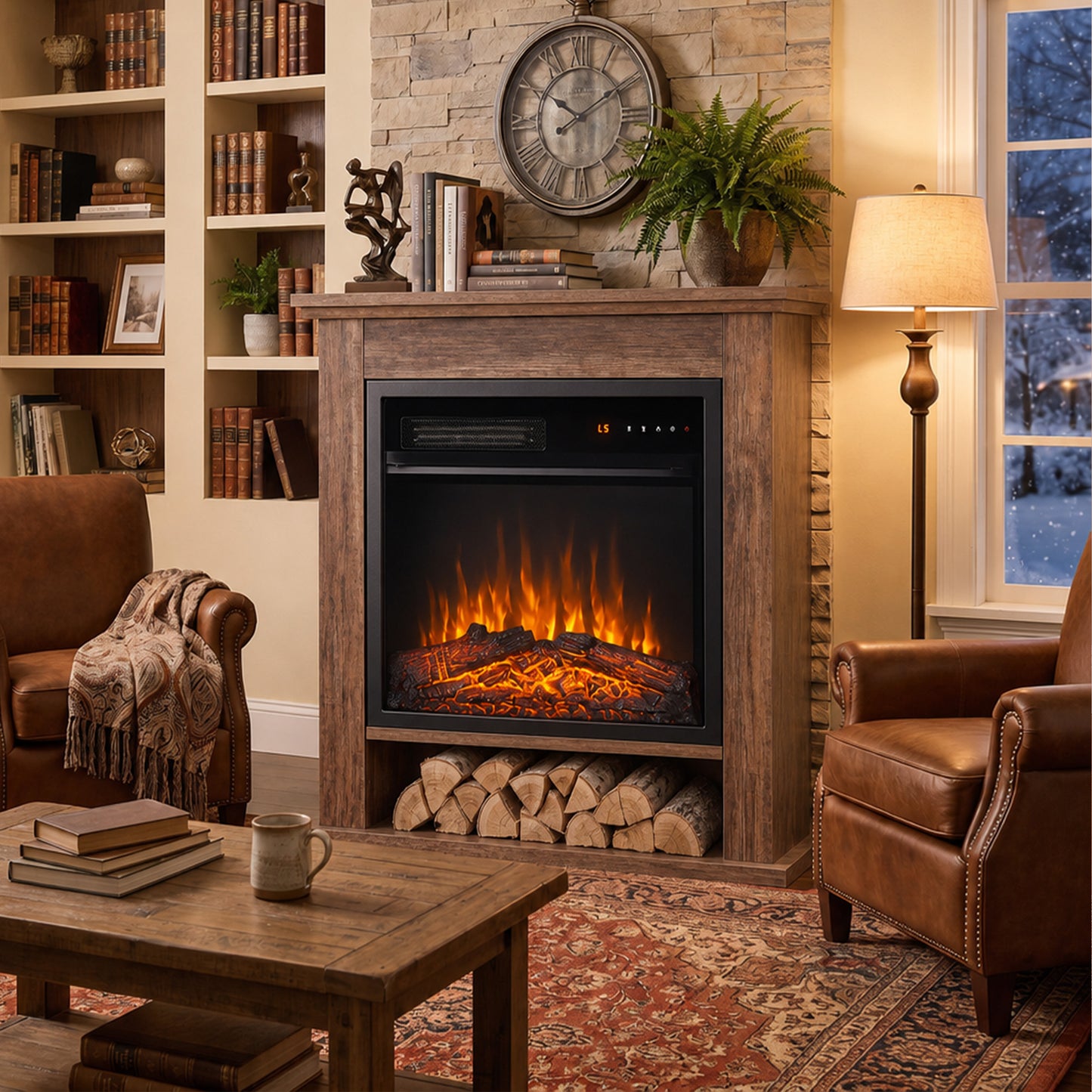 HOMCOM Electric Fireplace Suite with Shelf, 25" 1800W Electric Fire and Surround with LED Flame, 5 Brightness, Remote, Oak