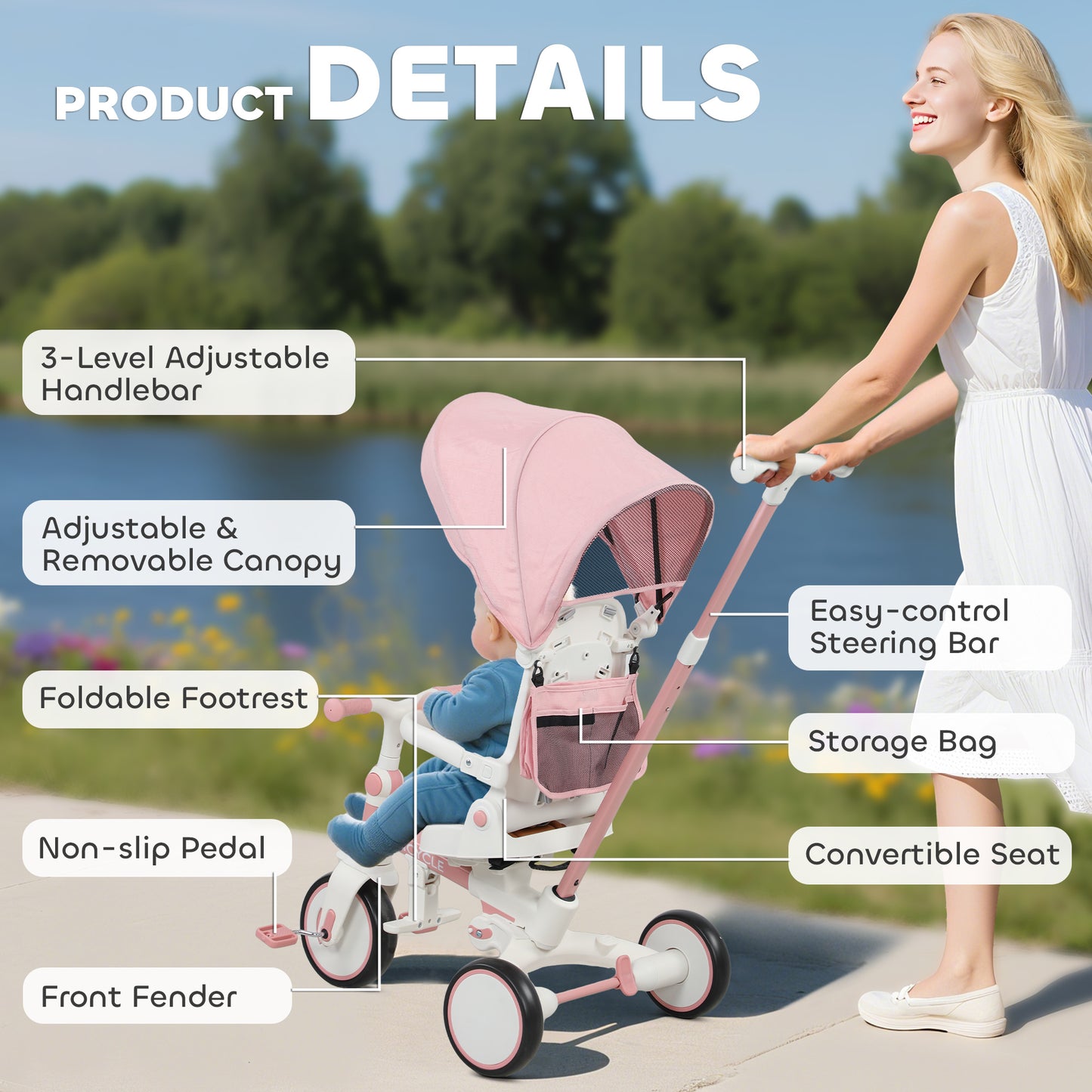 AIYAPLAY 5 in 1 Kids Trike with Adjustable Backrest, Toddler Tricycle with Push Handlebar, Adjustable Backrest, Pink