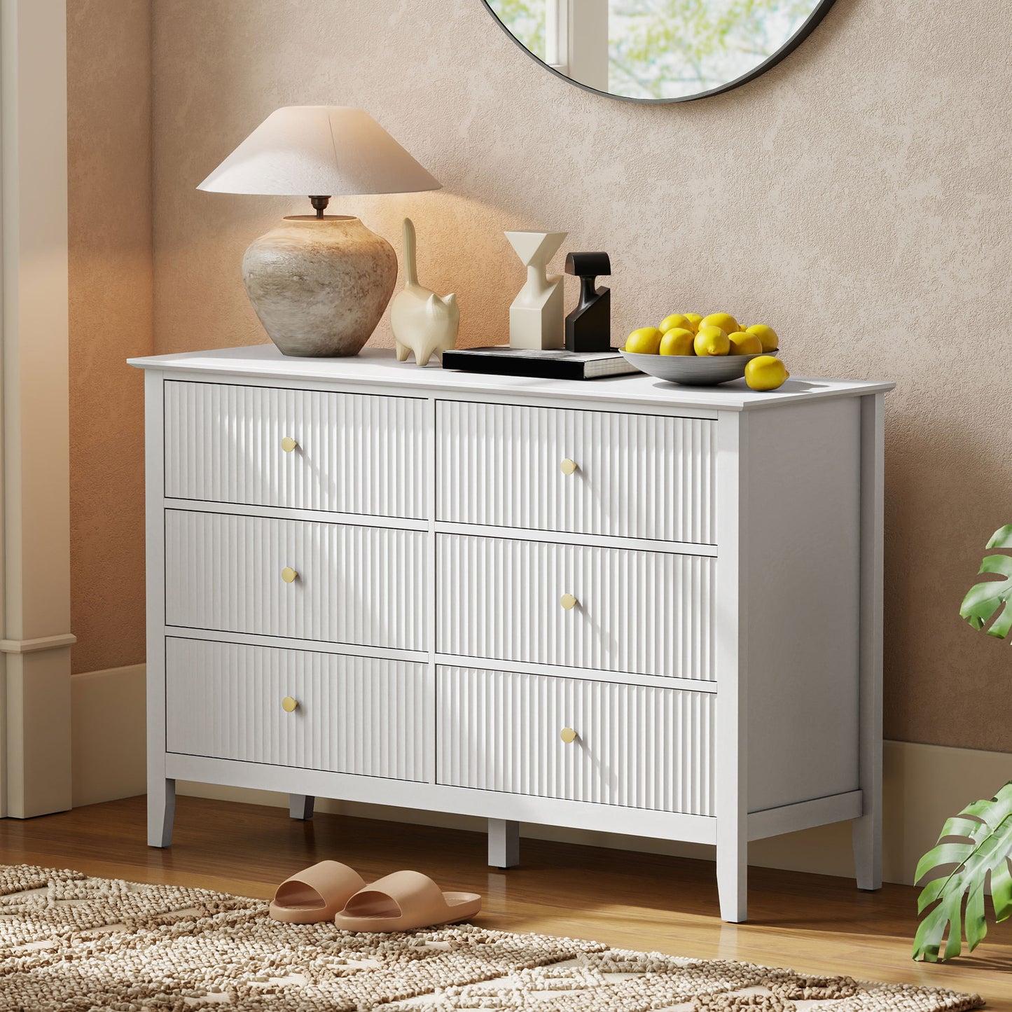 HOMCOM Fluted Dresser, 6 Drawer Chest of Drawers for Bedroom, Living Room, Hallway, Closet, White