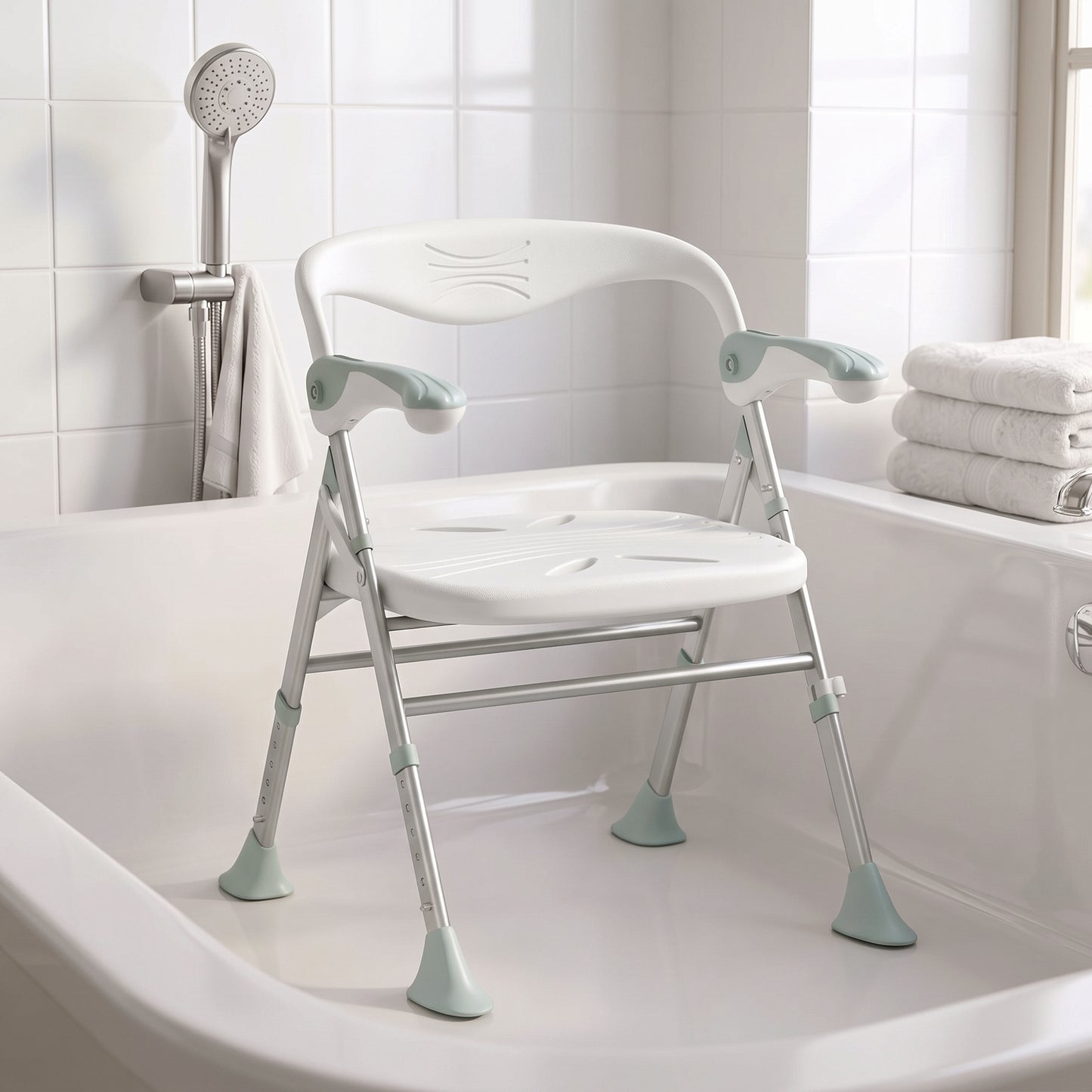 HOMCOM Foldable Shower Chair with Flip-Up Armrests, Shower Stool with Adjustable Height, Tool-Free Assembly, 136 kg