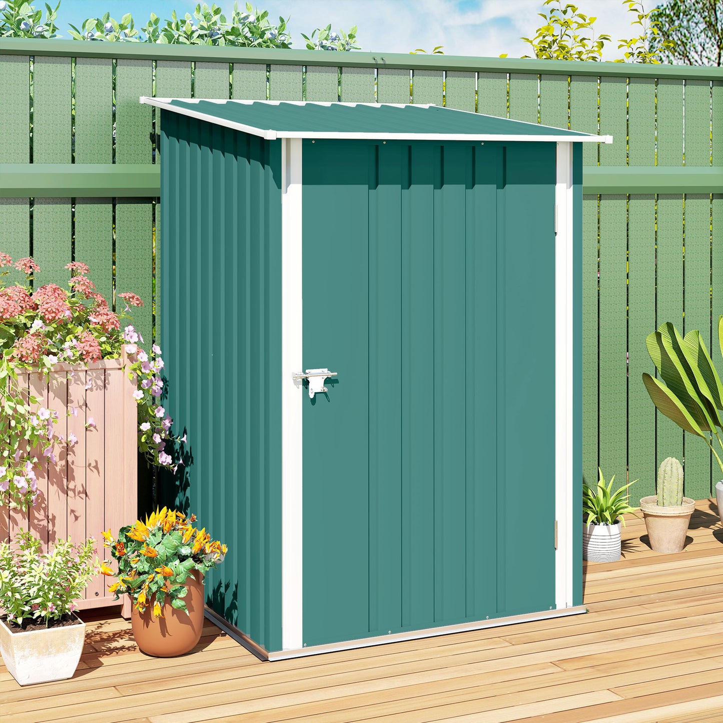 Outsunny 3.3 x 3.4ft Lean To Steel Garden Shed, with Locking Door - Green
