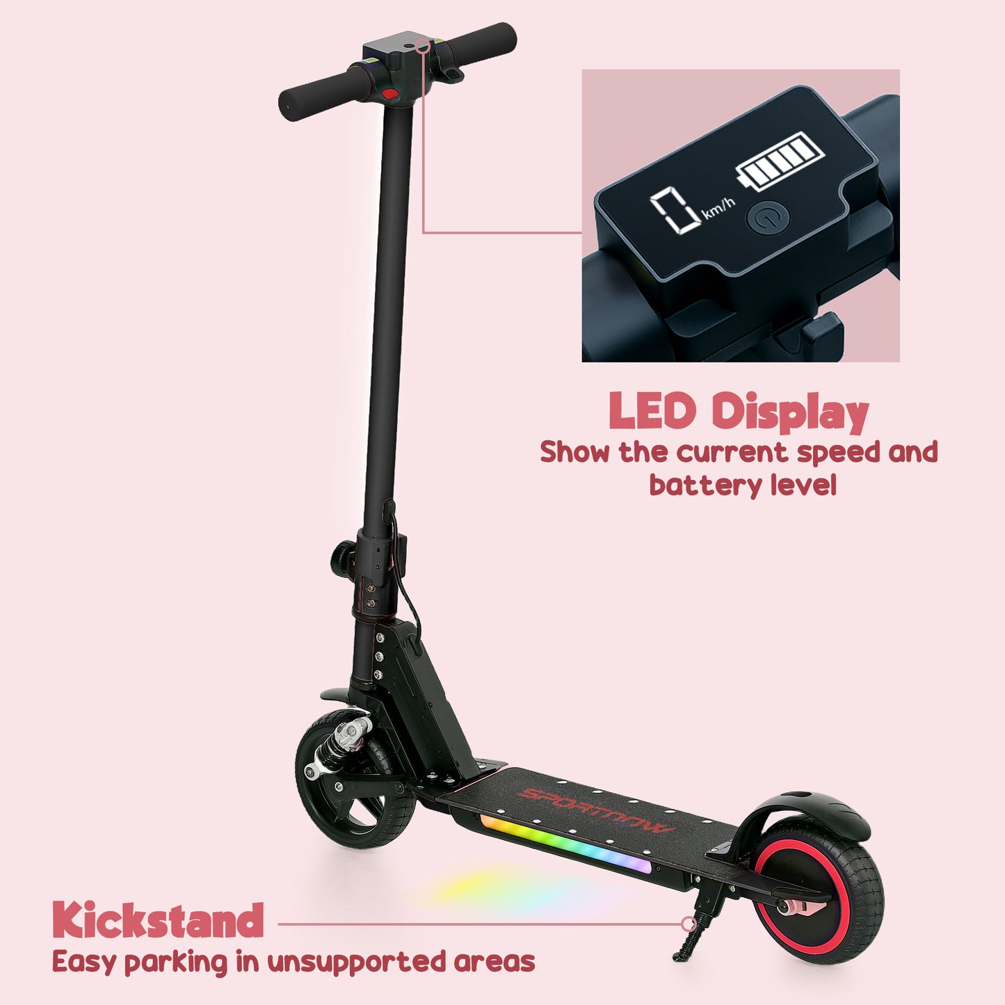 SPORTNOW Folding Electric Scooter for Kids 6-14, Dual Brakes, Suspension, LED Lights, 6.8kg, 14 KM/H, Black