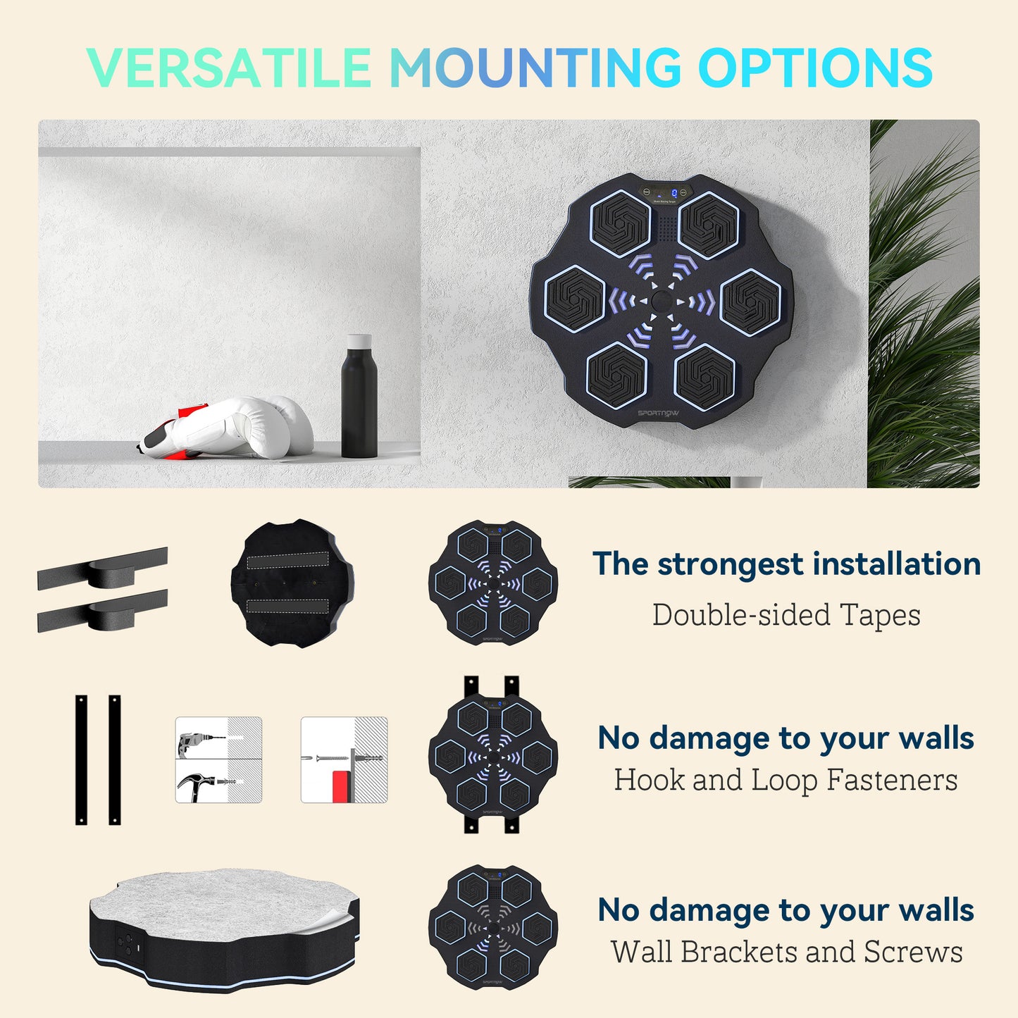 SPORTNOW Music Boxing Machine, Smart Bluetooth Boxing Machine Wall Mounted with 9 Speeds & Modes, LED Lights, Punching Pad for Adults, Black