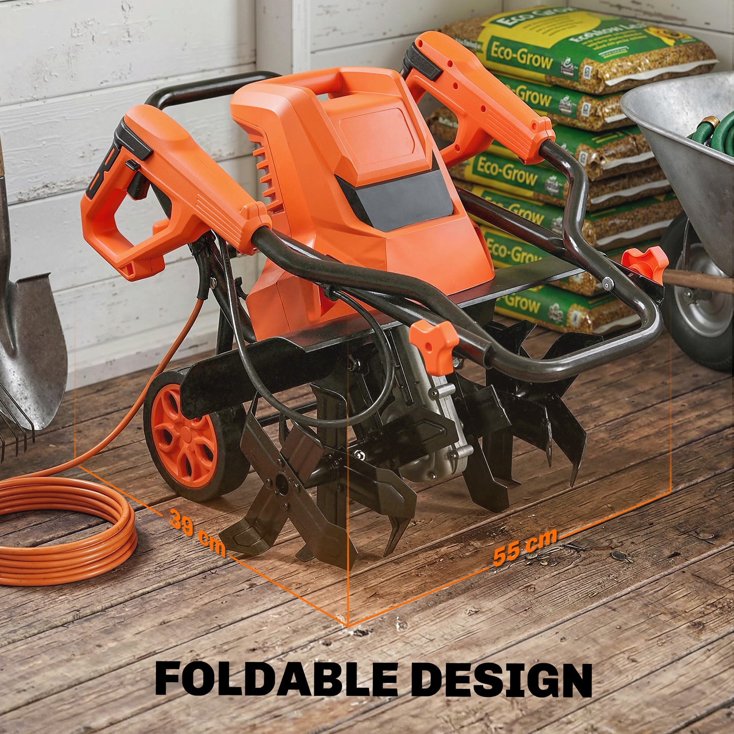 Outsunny 1500W Electric Garden Tiller w/Foldable Handle, 40cm Working Width, 20cm Tilling Depth, 6 Blades, 2 Adjustable Wheels