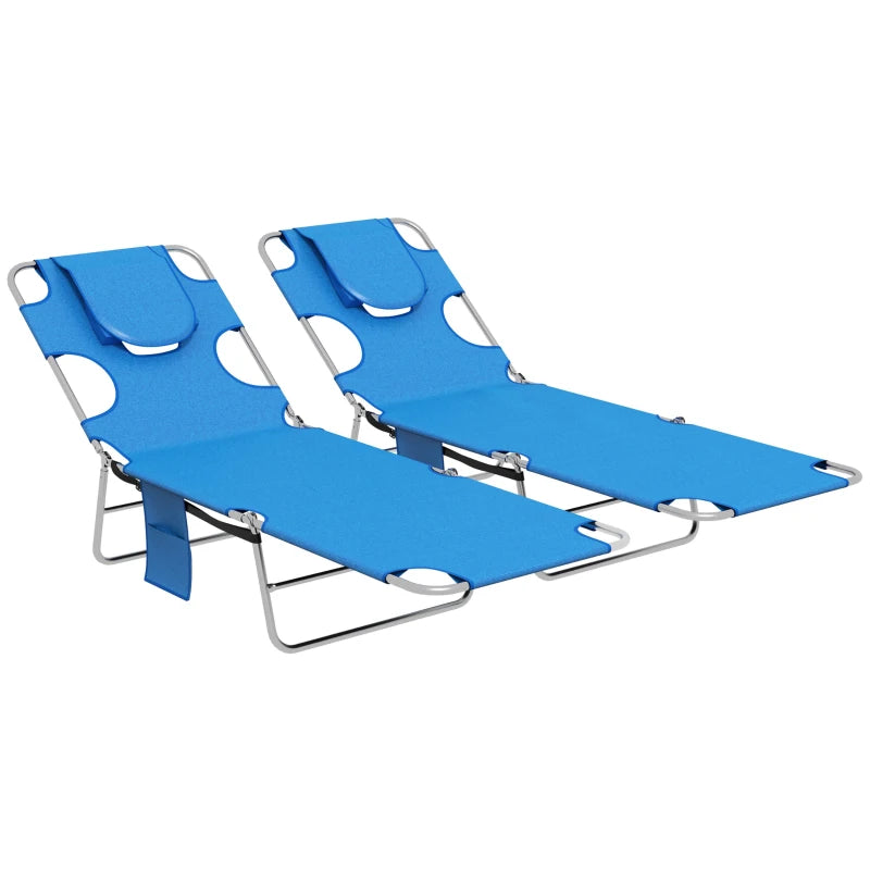 Outsunny Foldable Sun Lounger Set of 2 with Reading Hole, Portable Sun Lounger with 5 Level Adjustable Backrest, Reclining Lounge Chair with Side Pocket, Headrest Pillow, Blue