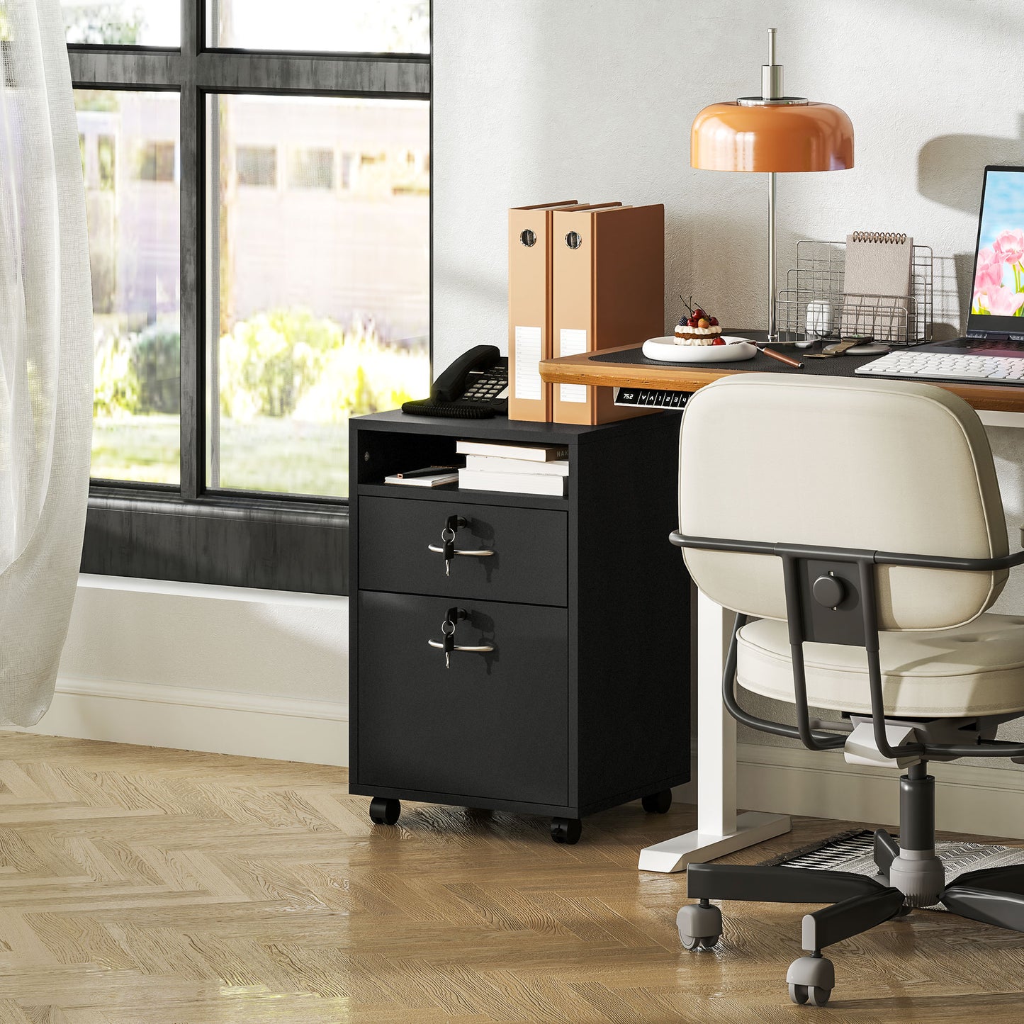 HOMCOM 60cm Filing Cabinet with Drawer, Open Shelf, Metal Handles and 4 Wheels, Office Home Organiser Mobile Printer, Black
