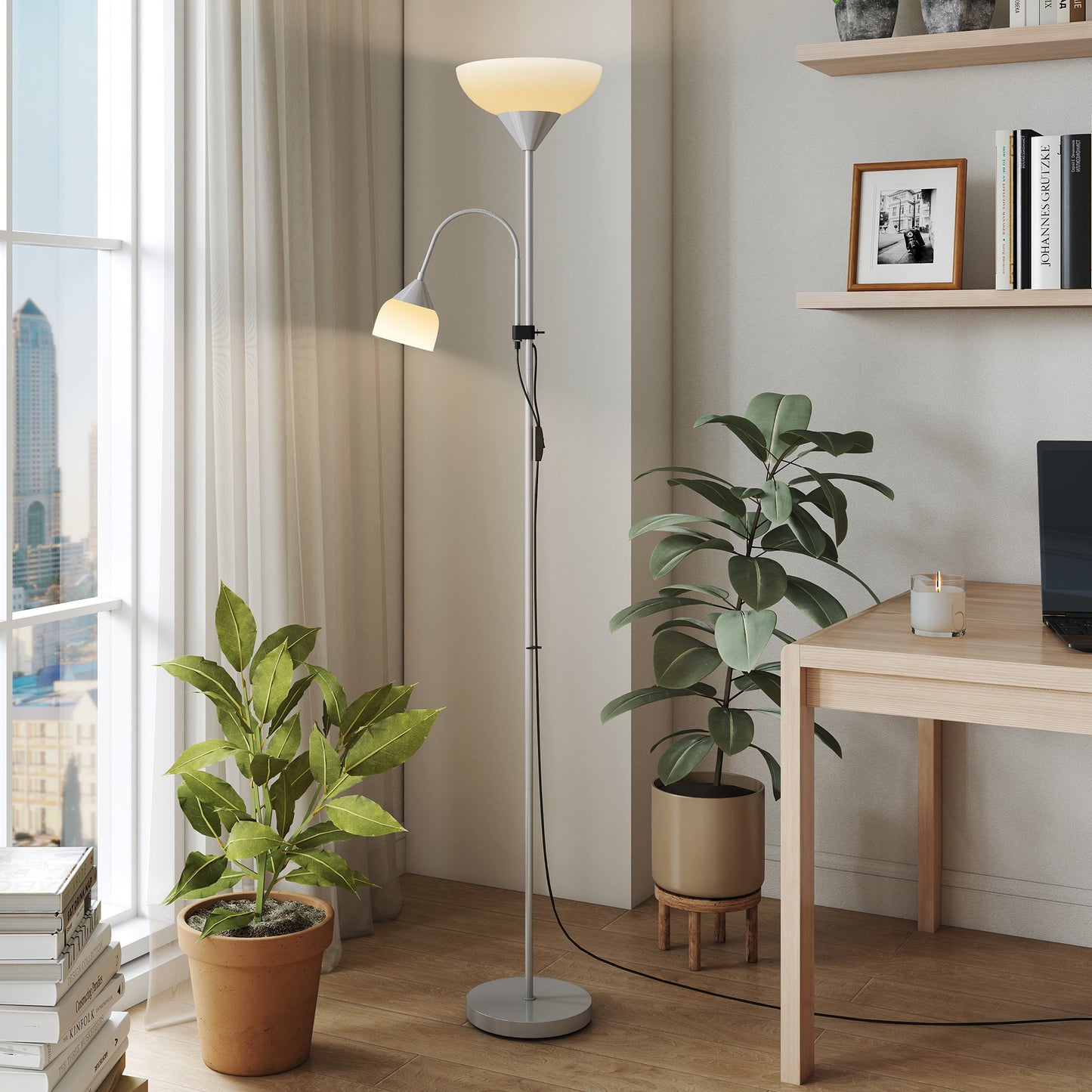 HOMCOM LED Floor Lamp, 180cm Tall with Adjustable Gooseneck, 3000K/4500K/6500K Colour Temps, Mother & Child Uplighter, Silver Tone