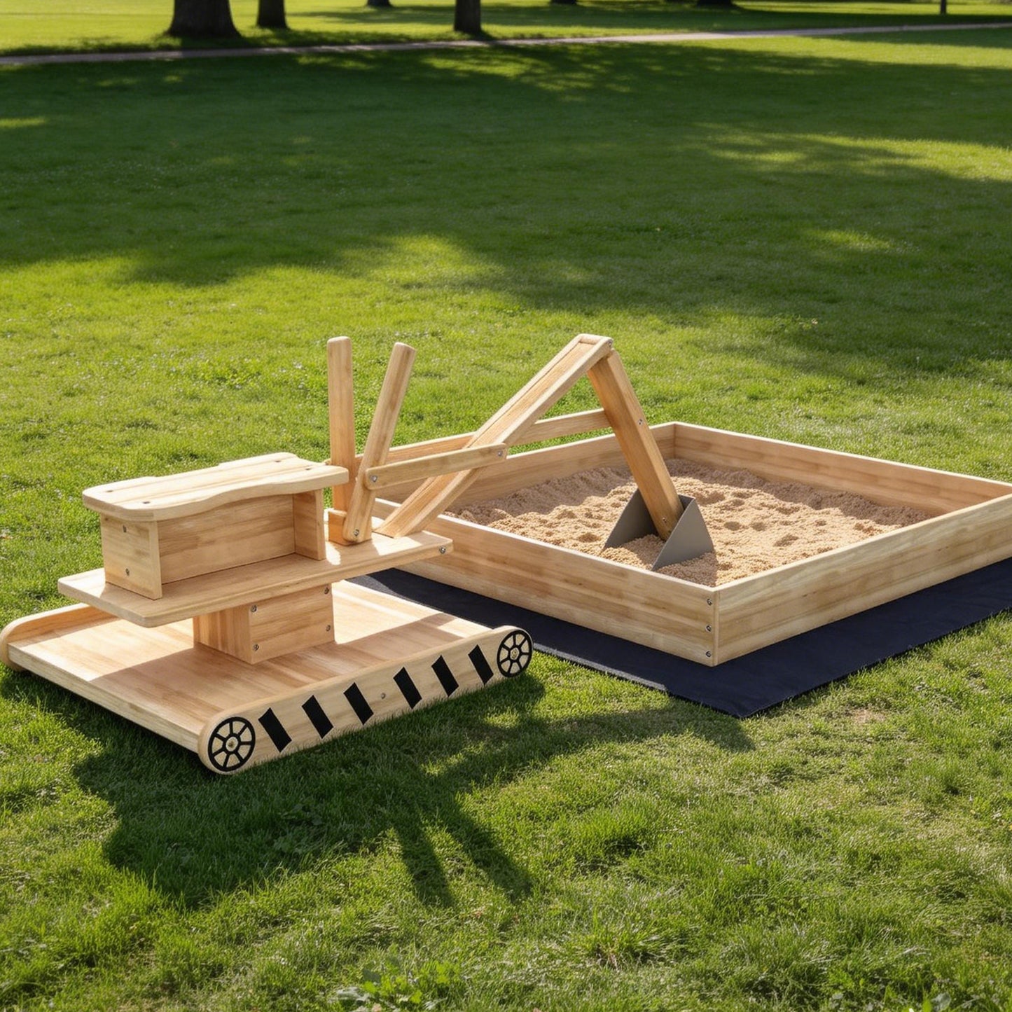 AIYAPLAY Wooden Sand Pit with Digger, Kids Sandbox Outdoor, SandPit with 360° Swivel Seat and Bottom Liner