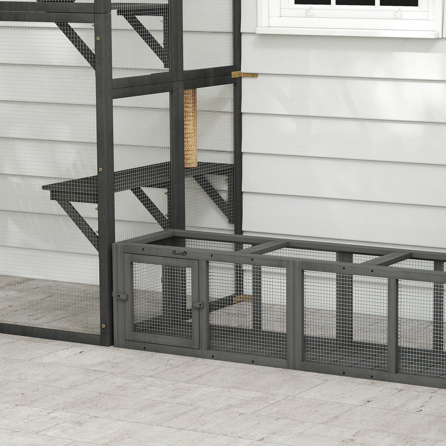 PawHut Outdoor Cat Tunnel, Wooden Play Cat Enclosure, Extendable Pet Run with 3 Doors, for Indoor and Outdoor Use, Grey