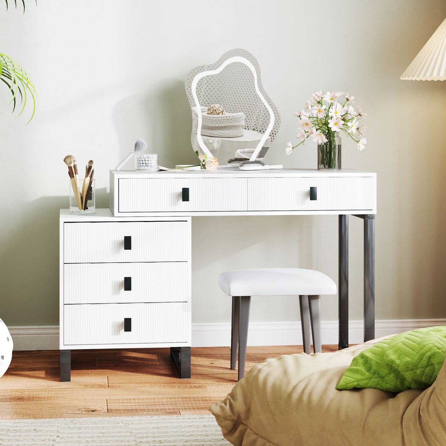 HOMCOM LED Lighted Dressing Table with Leaf Shape Mirror, Modern Vanity Desk with 5 Drawers, Makeup Desk with Fluted Panels, White