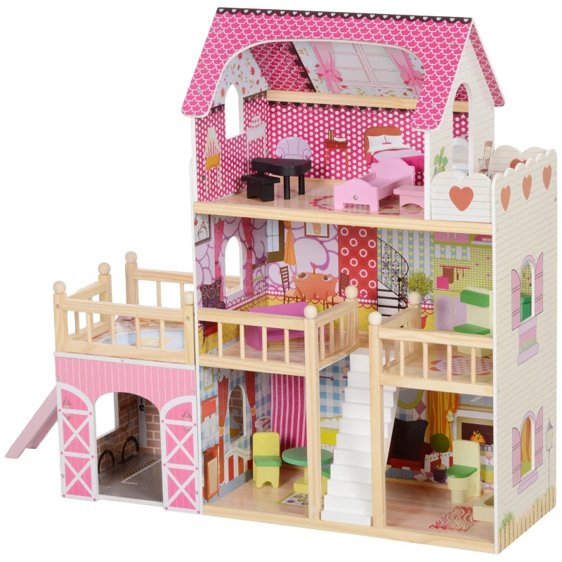 AIYAPLAY 3 Storey Dolls House Play Set with 13 Pieces Wooden Furniture and Accessories for 3-6 Years