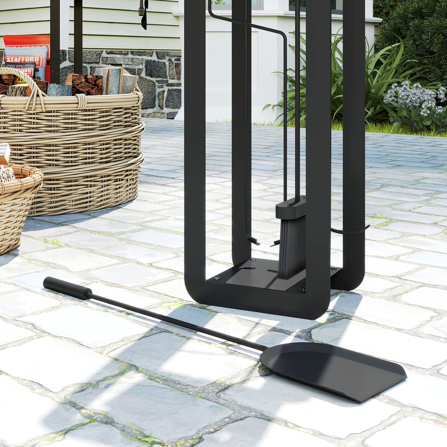 Outsunny 5 Piece Metal Fireplace Set - Includes Brush, Shovel, Poker, Tongs, and Stand, Black.