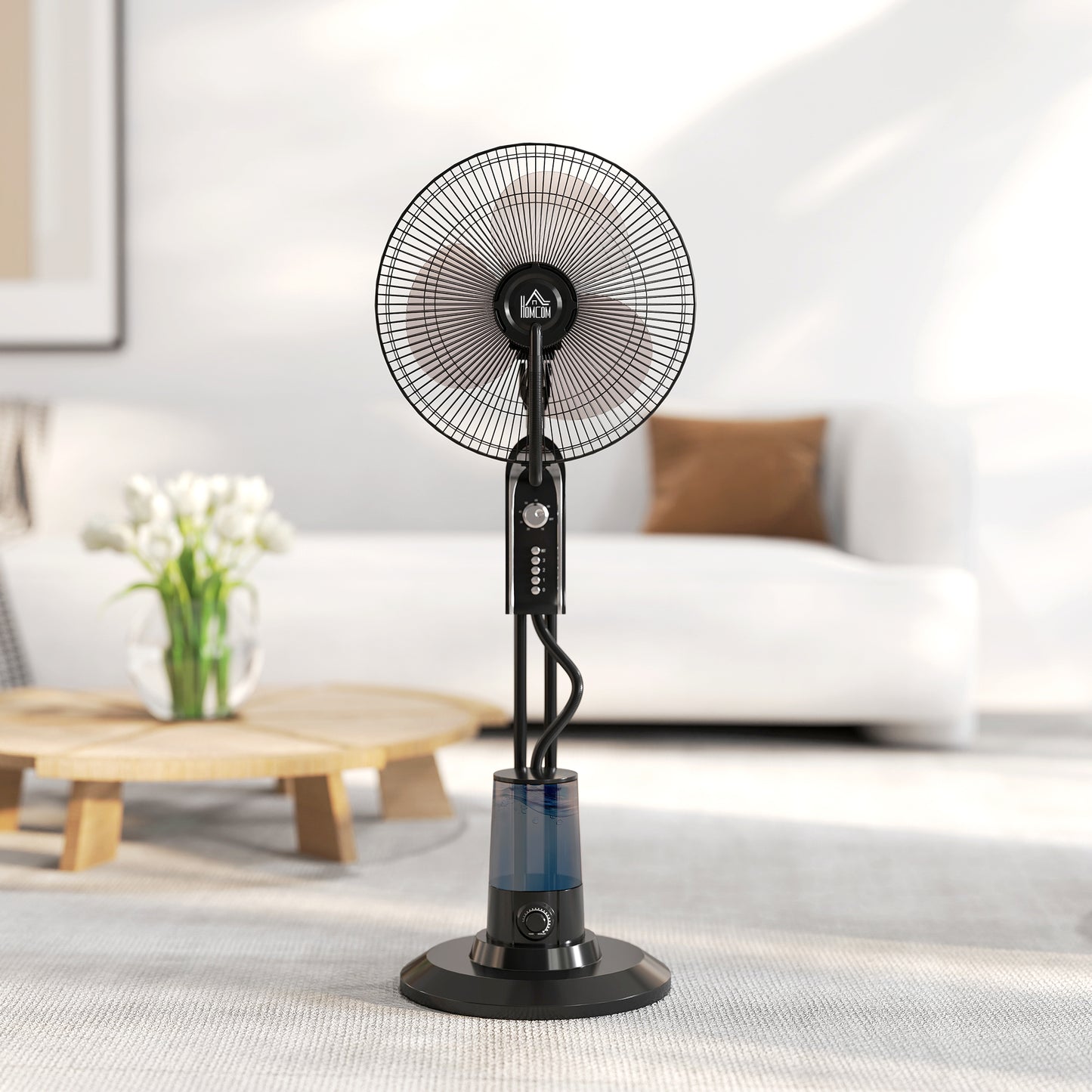 HOMCOM Pedestal Fan with Water Mist Spray, 70° Oscillation, Tilt Head, 4 Speeds, 3 Modes, Adjustable Mist, 3.2L Water Tank, 120 cm, Home, Black