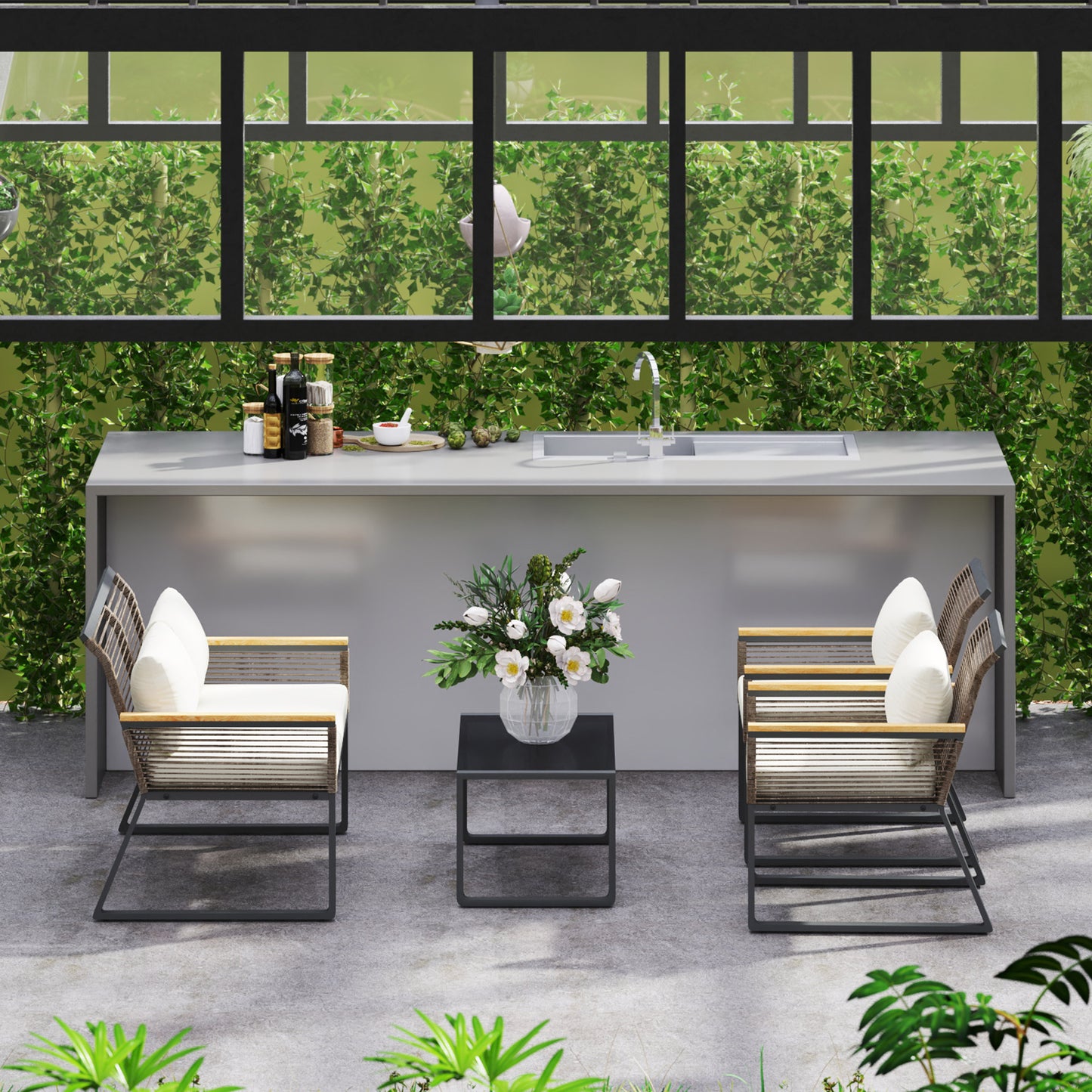 Outsunny Four Piece Wicker Rope Garden Furniture Set with Glass Top Coffee Table - Grey