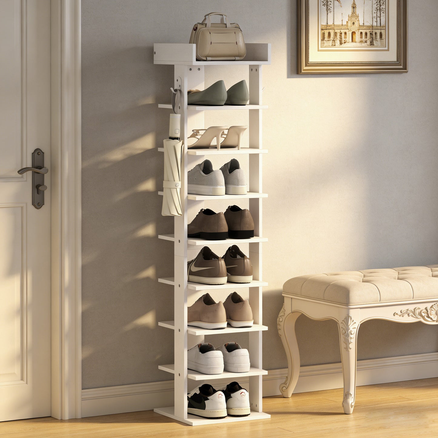 HOMCOM Shoe Rack 9-Tier Shoe Storage Organiser Top Tray Guardrail 2 Hooks 30 x 30 x 128.4 cm White