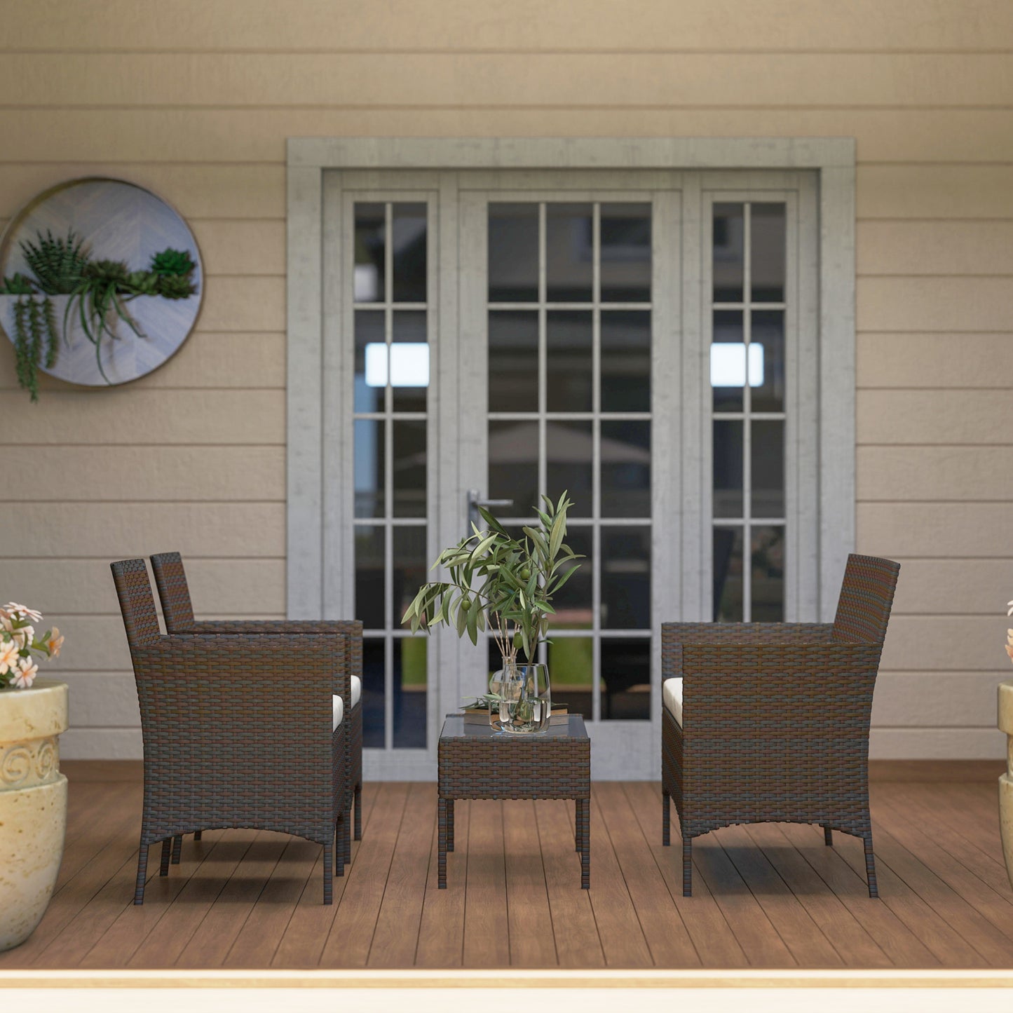 Outsunny 4 Piece Rattan Garden Furniture Sofa Set with Loveseat, Armchairs, Glass-Top Coffee Table and Cushions, Brown