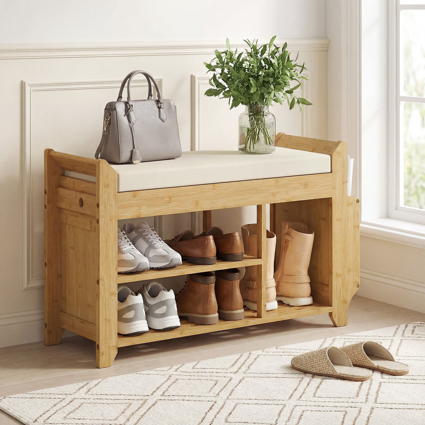 HOMCOM Shoe Bench 2-Tier Boot Section Entryway Storage Bench Cushioned Seat 100 x 30 x 50 cm Natural and Cream