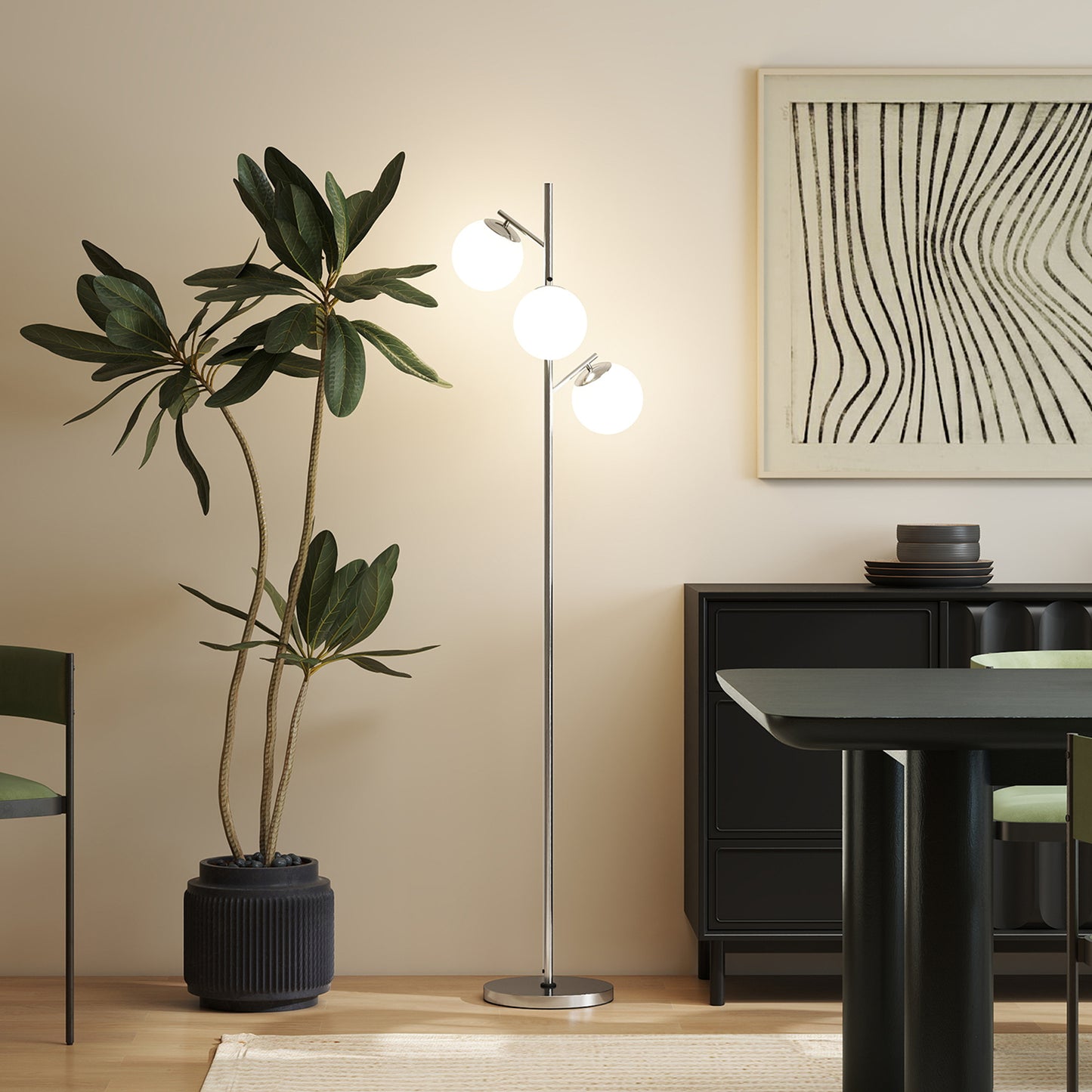 HOMCOM Modern 3-Light Tree Floor Lamp with Globe Lampshades, for Living Room and Bedroom, Steel Base, 3000K-6000K, Silver Tone